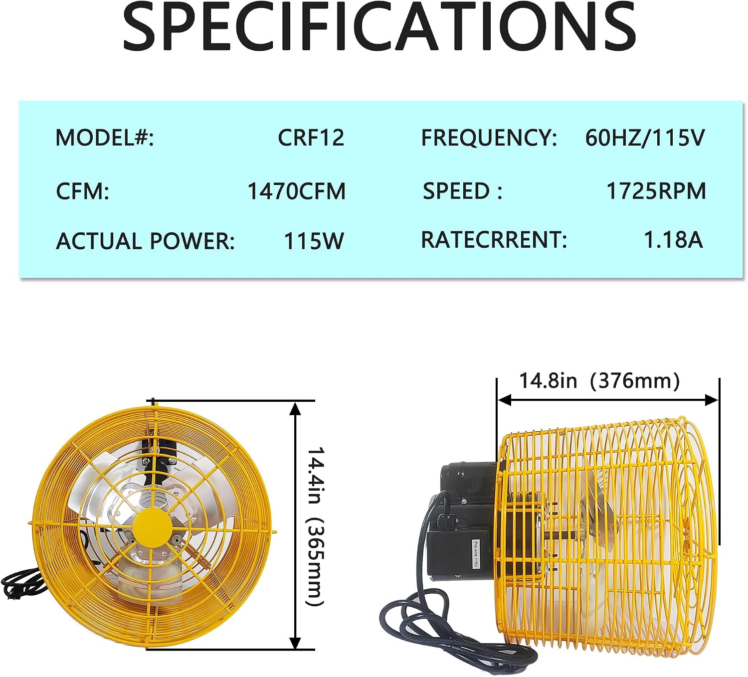 Greenhouse Circulation Fan Air Circulation Fan 1/10 HP 115V Ceiling Wall Mount Fan High Speed Circulation Fan for Greenhouse, Warehouse, Patio, Garage 1470CFM, ETL Listed