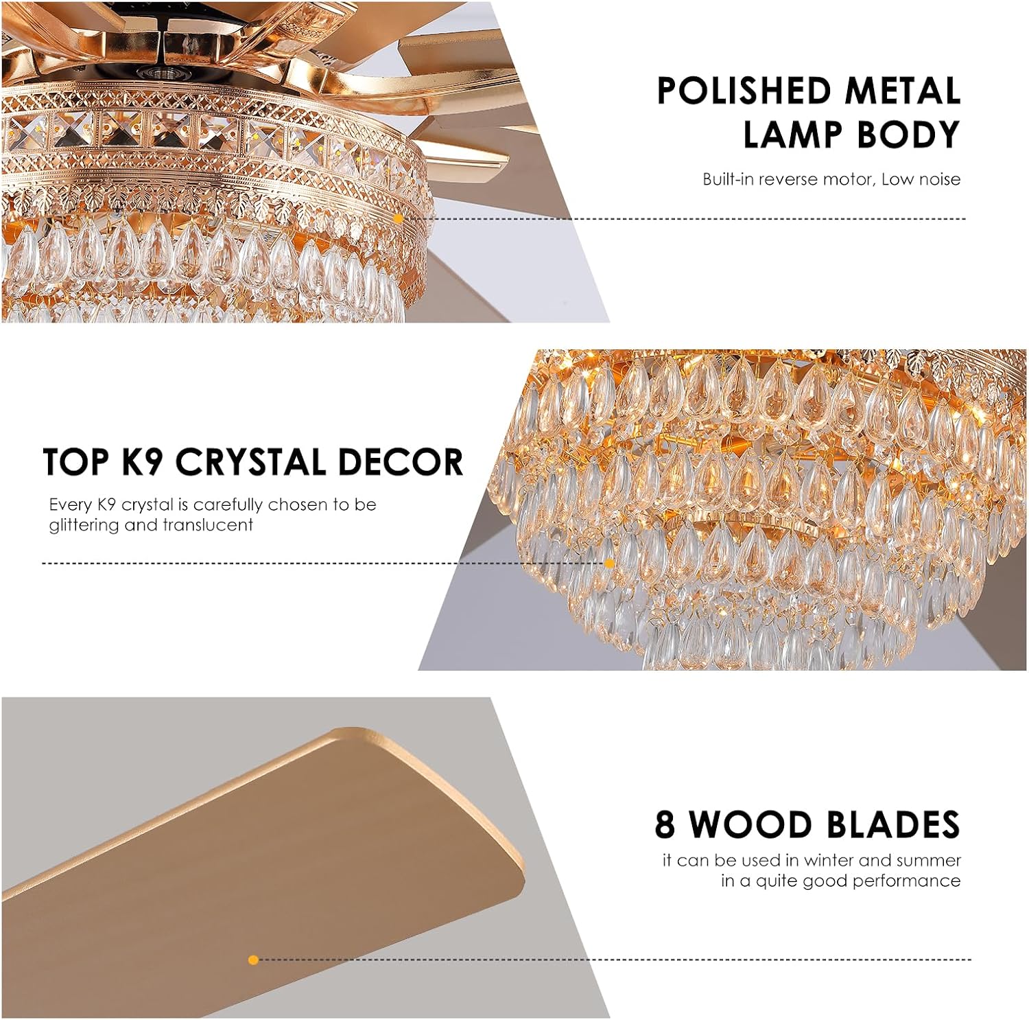 72 Inch Golden Crystal Ceiling Fan Fandelier with Lights,Large Modern Luxury Chandelier Ceiling Fans with Remote Control，Retro/Farmhouse Ceiling Fan with Light Fixture For Dining Room,Living Room