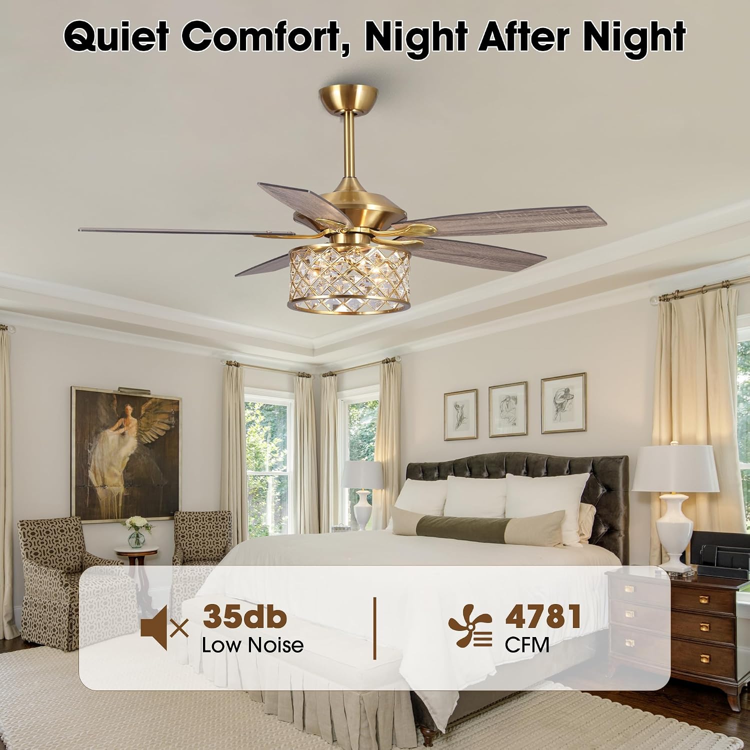 52' Crystal Ceiling Fan with Lights and Remote, Farmhouse Bronze Ceiling Fan, Reversible 5-Blade Ceiling Fan with E12 Light Kit, Rustic Glam Chandelier Fan for Bedroom Living Room Dining Room