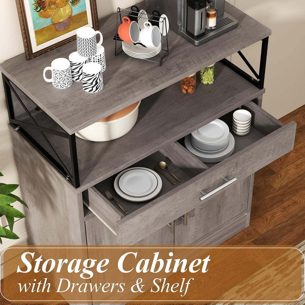 Shintenchi Kitchen Buffet Cabinet with Adjustable Shelf, Modern Kitchen Storage Cabinet,Farmhouse Coffee Bar Cabinet（Ash Grey）