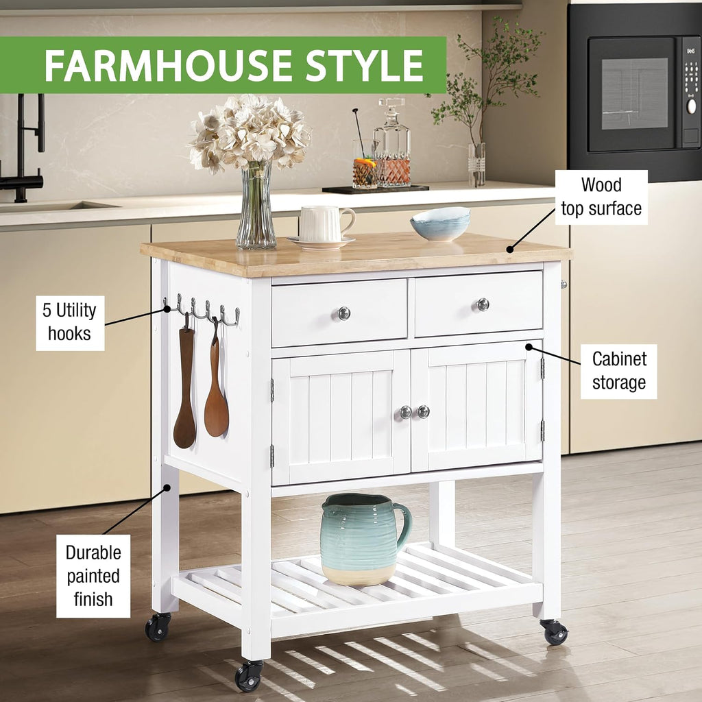 OSP Home Furnishings Stirling Farmhouse Kitchen Cart, Rolling Storage Cabinet with Drawers, Shelf, 5 Utility Hooks, White with Wood Top