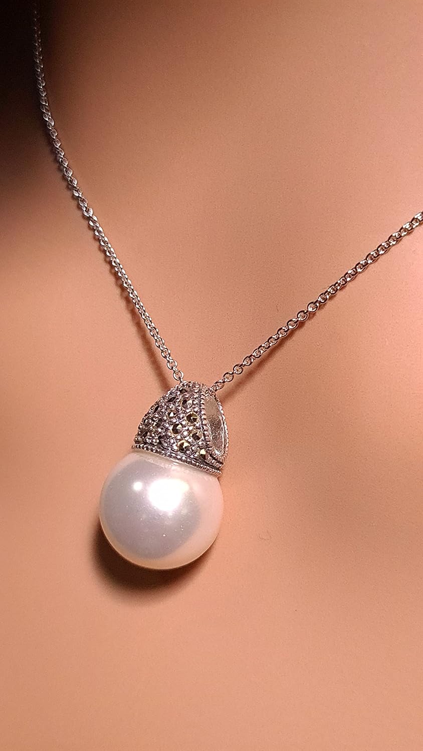 925 Sterling Silver Marcasite with Pearl 14mm Pendant, Earrings Set, Sterling Silver Chain Necklace Jewelry Set