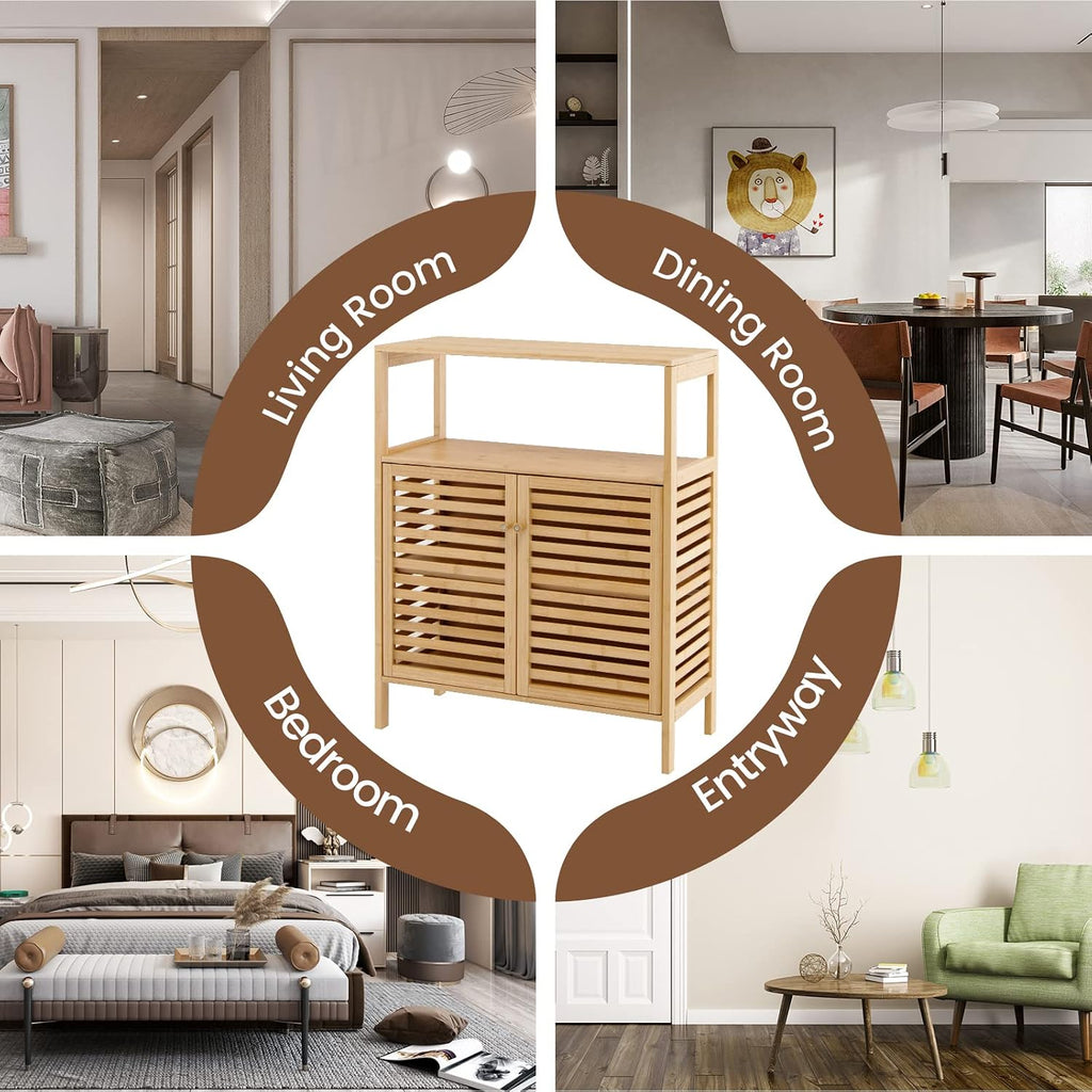 LDAILY LUARANE Storage Cabinet, Bamboo Cabinet w/ 2 Louvered Doors & Open Shelf, Bathroom Storage Cabinet for Living Room, Home Office, Kitchen, Natural