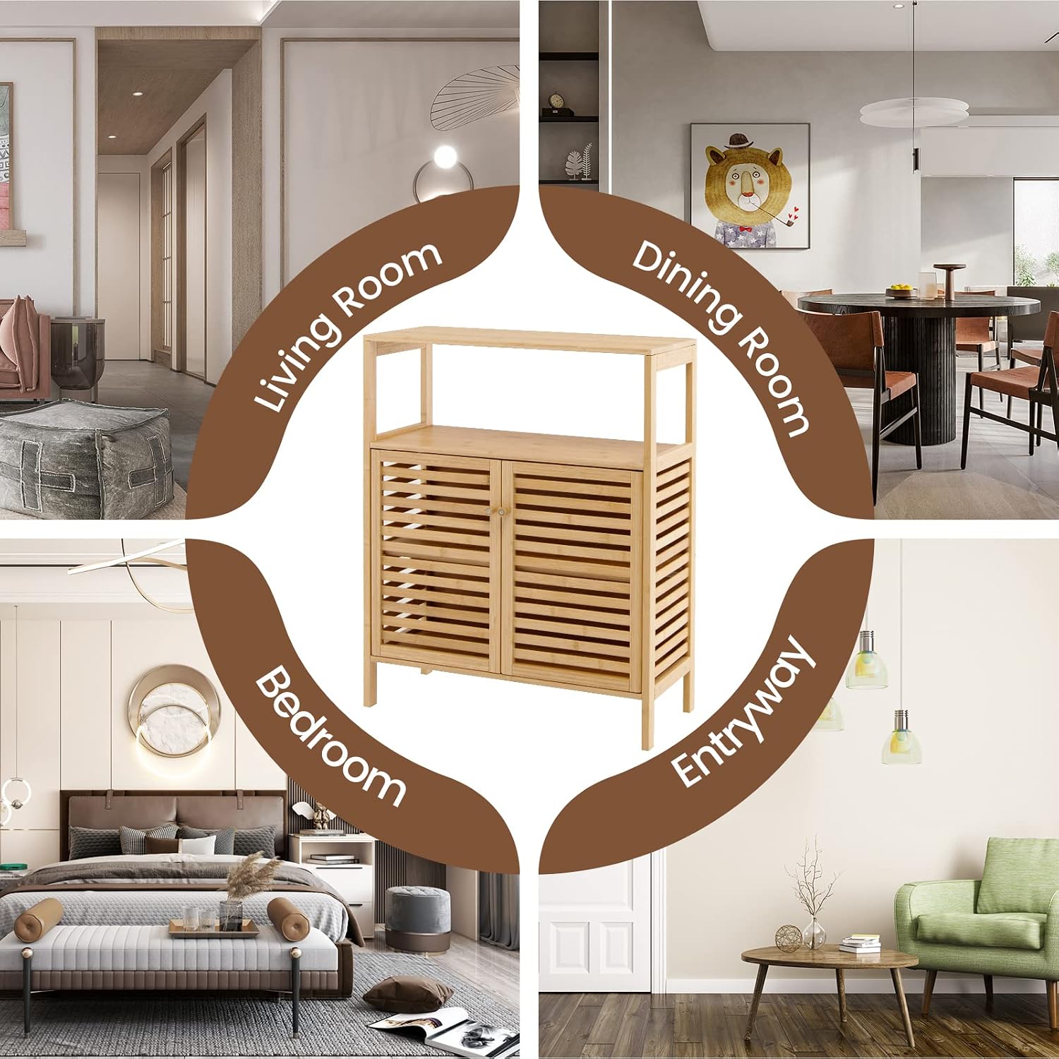 LDAILY LUARANE Storage Cabinet, Bamboo Cabinet w/ 2 Louvered Doors & Open Shelf, Bathroom Storage Cabinet for Living Room, Home Office, Kitchen, Natural