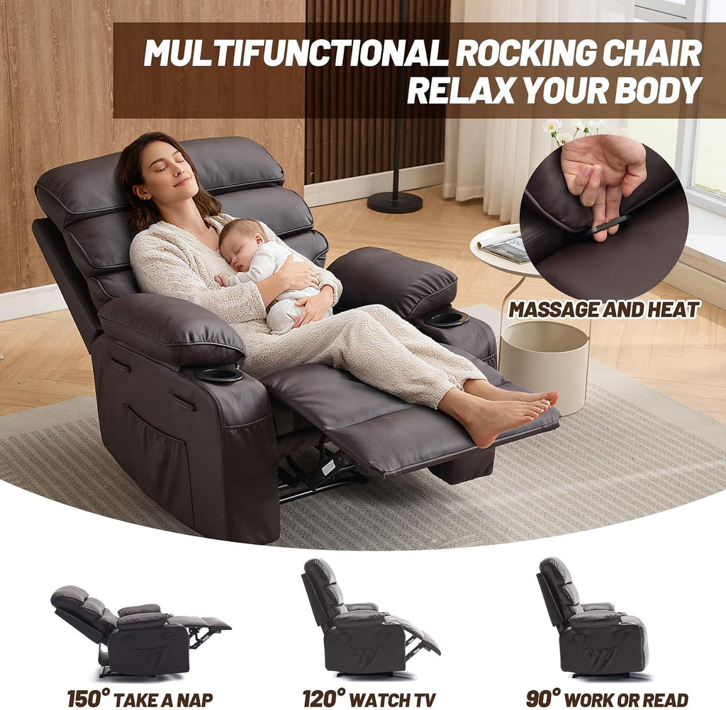Garvee PU Leather Manual Recliner Chair with Massage and Heat, 27' Extra Wide Seat, 400 lbs Capacity, Thickened Sponge Armrests and Back, Cup Holders & Side Pocket, Living Room or Bedroom, Dark Brown