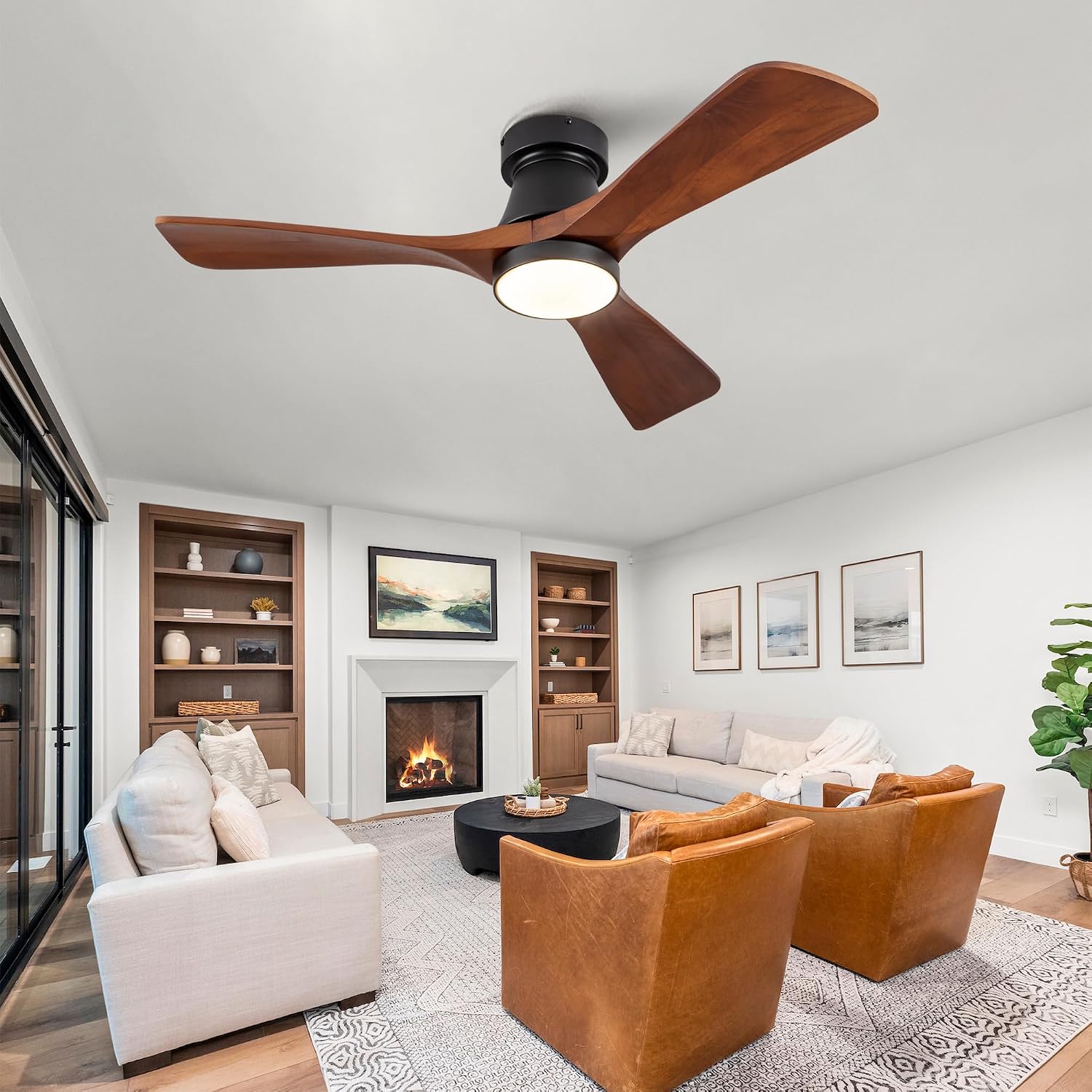 42 Inch Black Flush Mount Ceiling Fan with Light: Dimmable LED (3 Colors), Indoor,Outdoor Reversible DC Motor, 3 Solid Wood Blades for Bedroom, Patio.