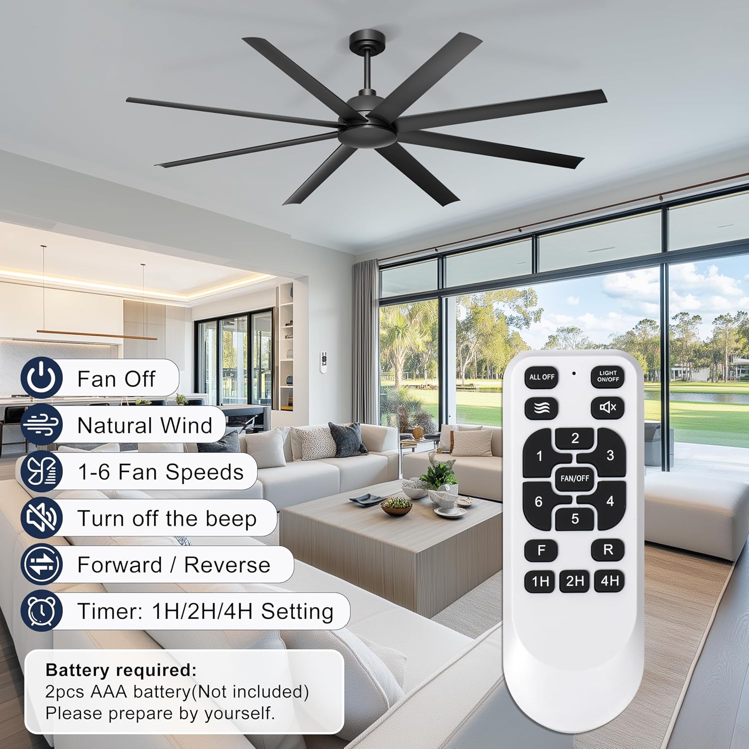 72'' Ceiling Fan no Light - Remote & APP Control, 6 Speed Reversible DC Motor Covered Outdoor Fan for Patio, Shop, Garage, Black without Light