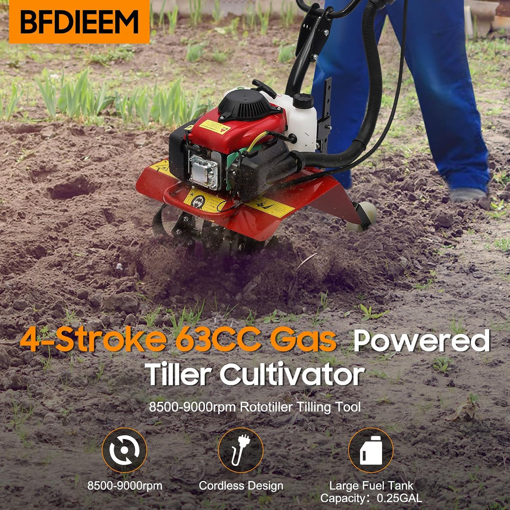4-Stroke 63CC Gas Powered Tiller Cultivator for Garden Yard 8500-9000rpm Rototiller Tilling Tool Gas Tiller- Ideal for Garden, Lawn, Soil Cultivation, Weed & Digging