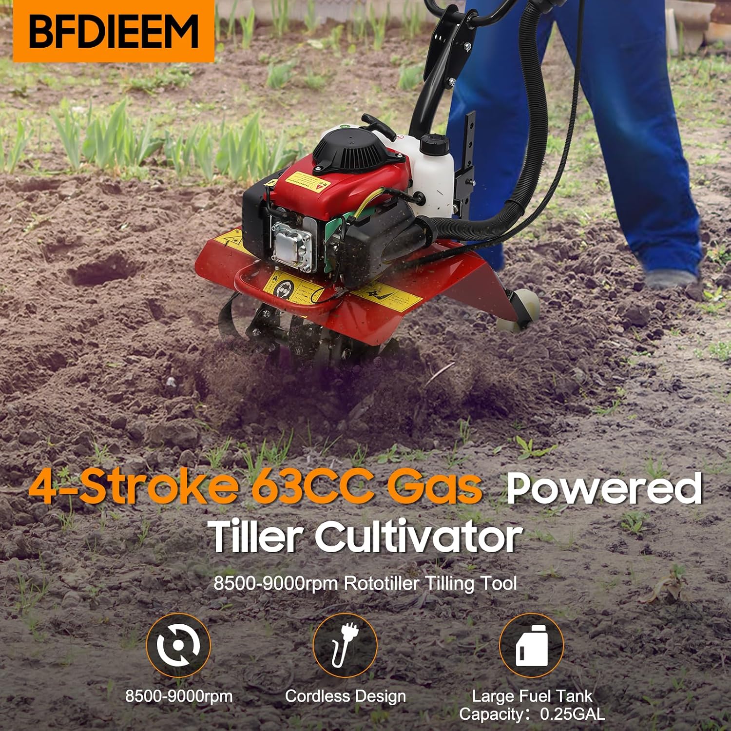 4-Stroke 63CC Gas Powered Tiller Cultivator for Garden Yard 8500-9000rpm Rototiller Tilling Tool Gas Tiller- Ideal for Garden, Lawn, Soil Cultivation, Weed & Digging