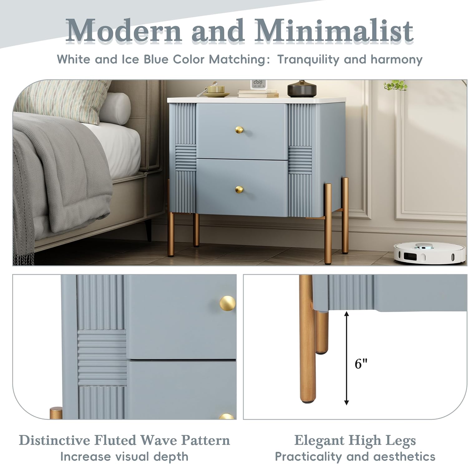 Christopher Knight Home Canyon Modern Nightstand with Golden Metal Handles and Legs, Bedside Table/End Table for Bedroom/Living Room, Multipurpose Storage Cabinet with 2 Drawers, Blue