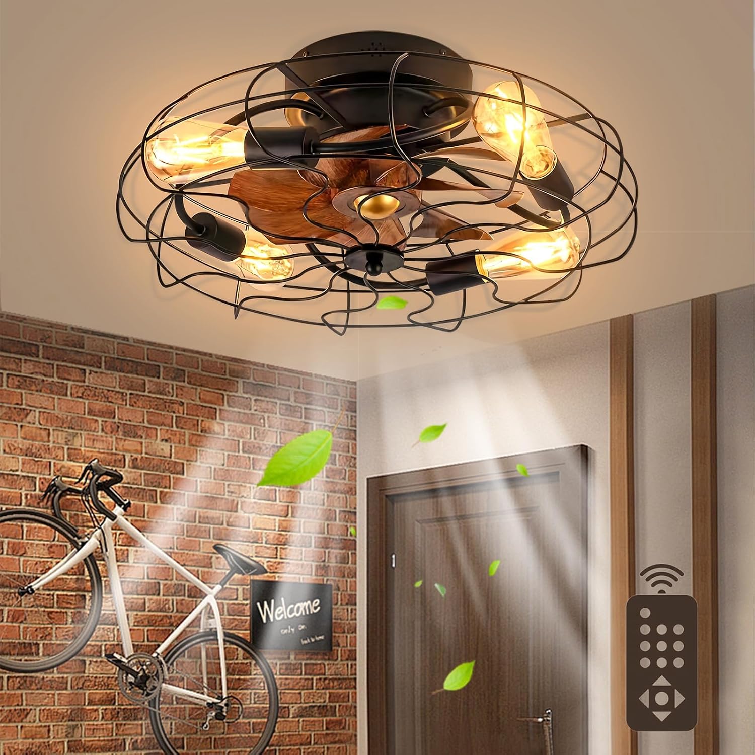 Chandelier, Ceiling Fan with Lighting E27 Bulb Retro Light with Remote Control 3-Level Wind Speed Adjustable for Living Room Bedroom