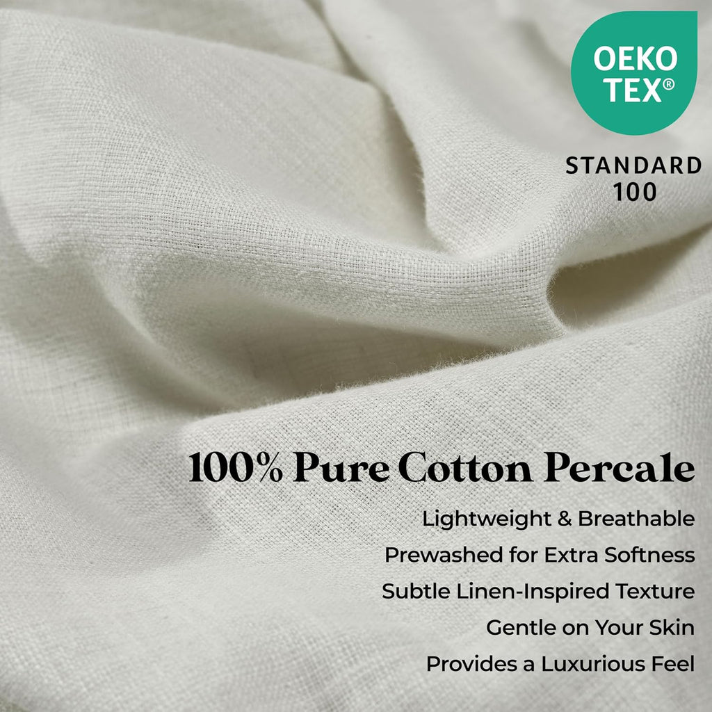 Superior Chloe 100% Cotton Percale Bed Sheet Set, 1 Flat Sheet, 1 Elastic Deep Pocket Fitted Sheet, 2 Pillowcases, Vintage Wash, Boho Chic Decor, Modern Bedroom Essentials, California King, Ivory
