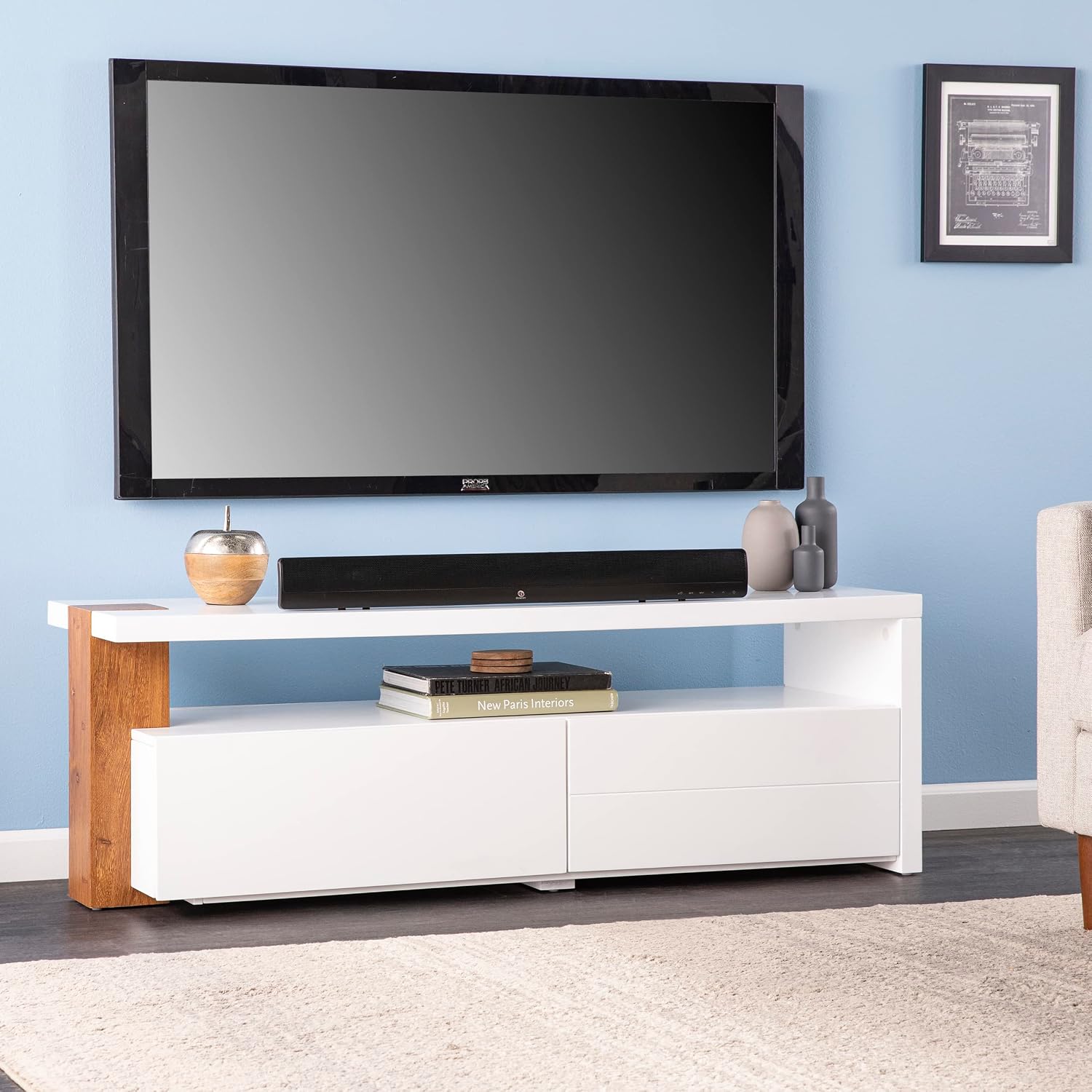 SEI Furniture - Harliston Contemporary Media Stand with Storage - Modern Design, White Finish - Ideal for Living Room, Family Room (MS1164813)