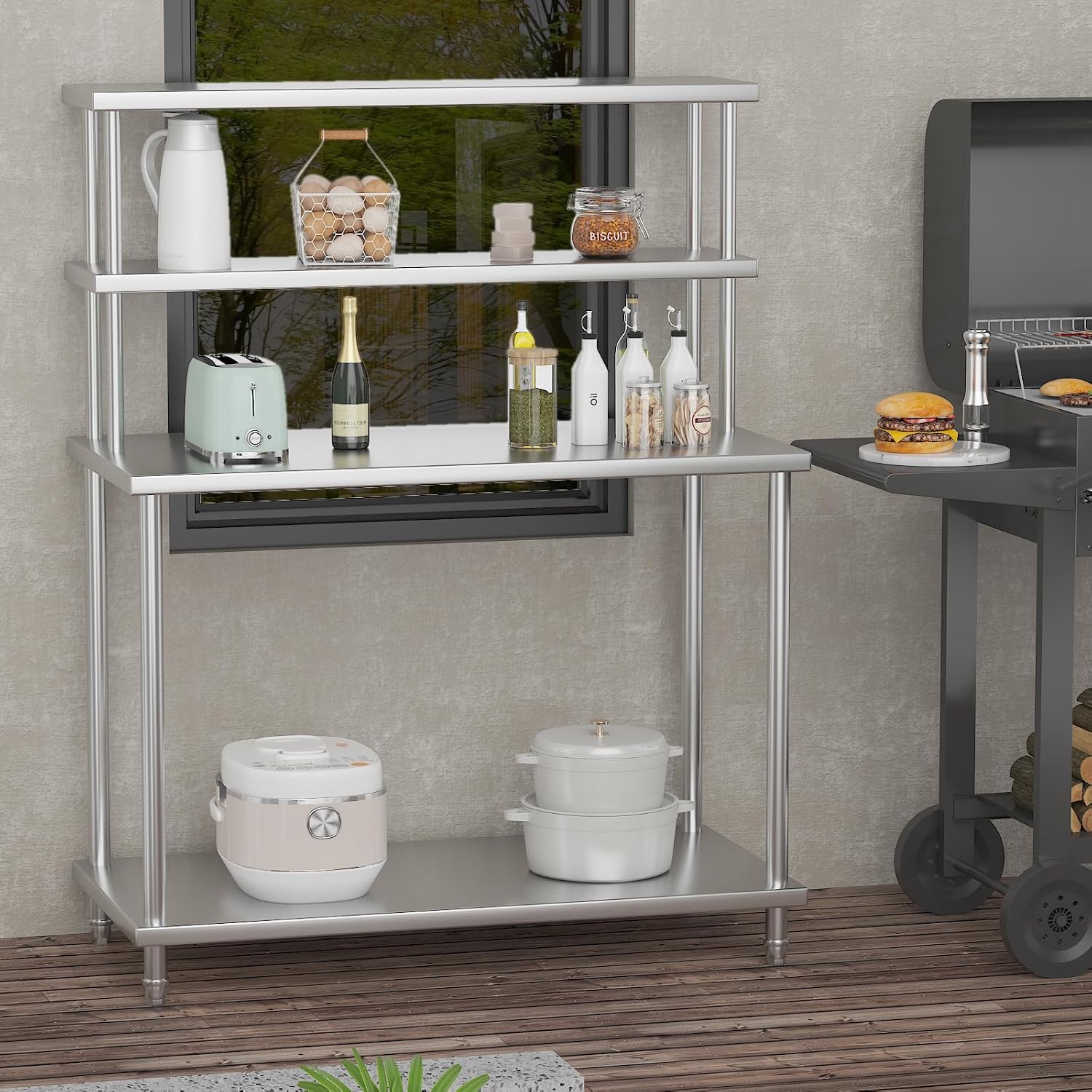 Garvee 48 in x24 in Stainless Steel Table with Shelves, Commercial Kitchen Prep Table with 2 Tier Overshelf, Heavy Duty Metal Worktable for Home Kitchen Restaurant Garage Warehouse