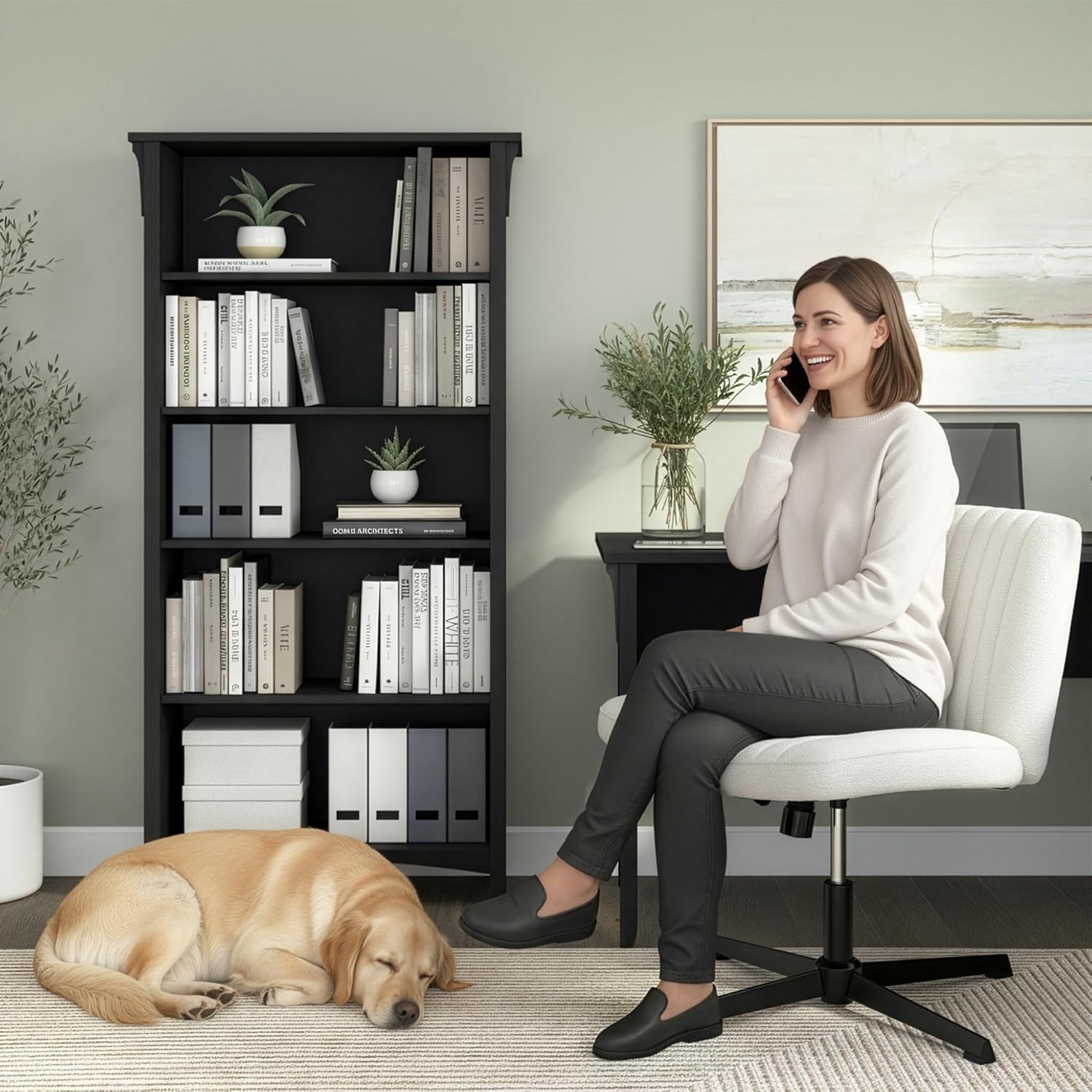 Bush Home Salinas 5 Shelf Bookcase in Vintage Black, Tall Bookshelf, Large Book Shelf for Living Room, Home Office, or Entryway