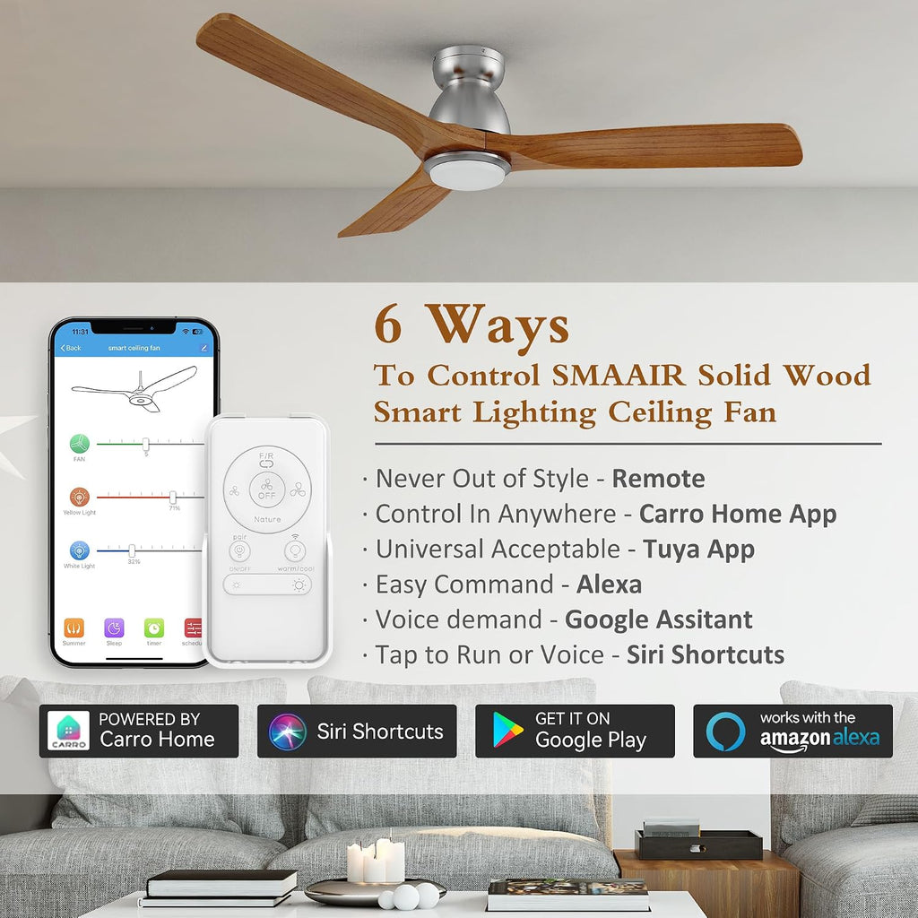 52' Smart Low Profile Ceiling Fans with Dimmable Lights Remote, Whisper-Quiet DC Motor,Outdoor Indoor Flush Mount Ceiling Fan,Control with WIFI Alexa App,3 Antique Solid Wood Blades,for Living Room
