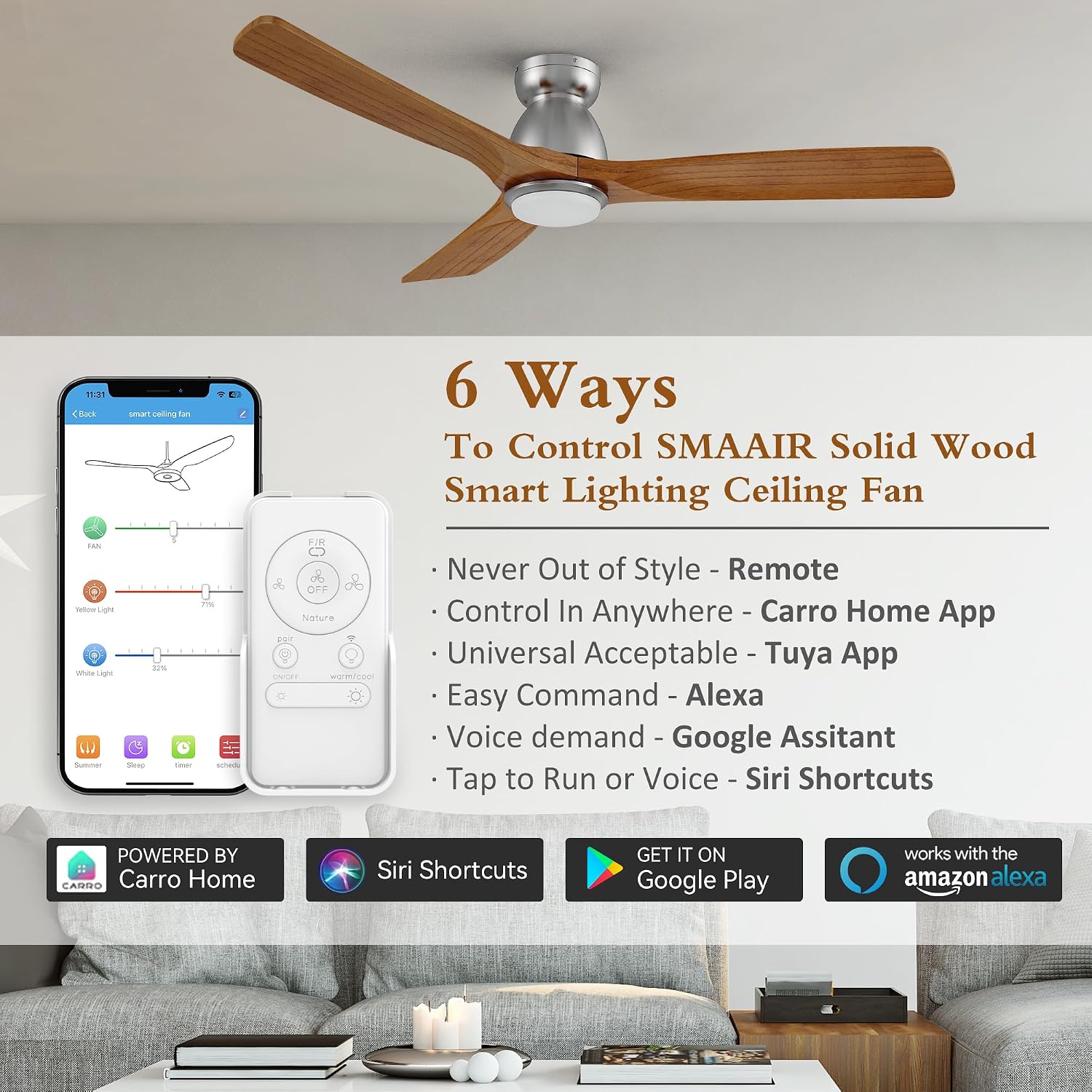 52' Smart Low Profile Ceiling Fans with Dimmable Lights Remote, Whisper-Quiet DC Motor,Outdoor Indoor Flush Mount Ceiling Fan,Control with WIFI Alexa App,3 Antique Solid Wood Blades,for Living Room