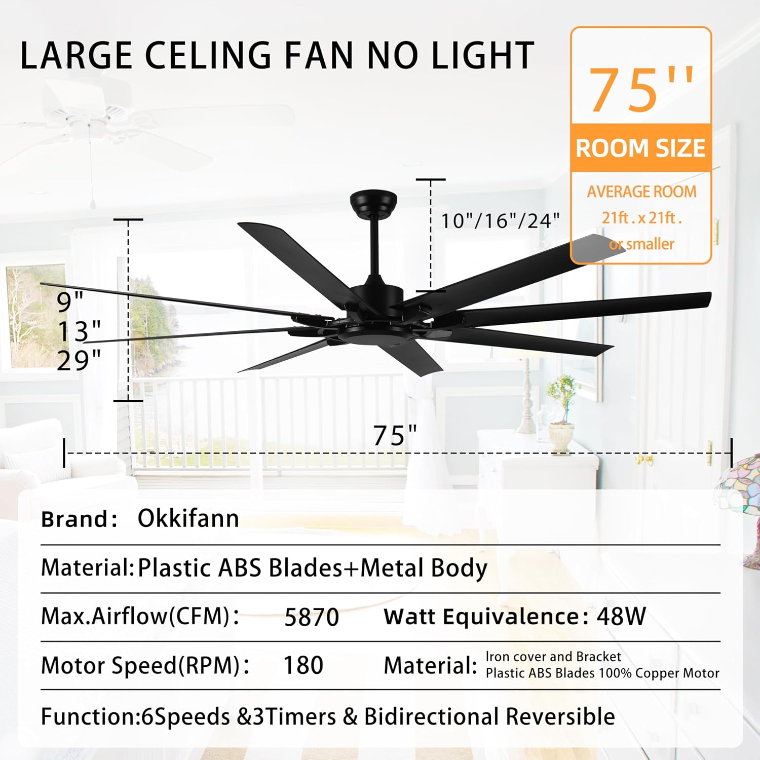 75in Industrial Ceiling Fan without light,DC Motor Shop Ceiling Fan with Remote Control,Quiet,Black ceiling Fans for Gym/Garage/Porch/Patio/Farmhouse,8 ABS fan blades