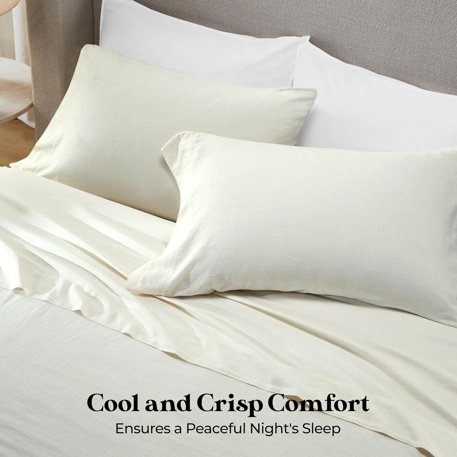 Superior Chloe 100% Cotton Percale Bed Sheet Set, 1 Flat Sheet, 1 Elastic Deep Pocket Fitted Sheet, 2 Pillowcases, Vintage Wash, Boho Chic Decor, Modern Bedroom Essentials, California King, Ivory