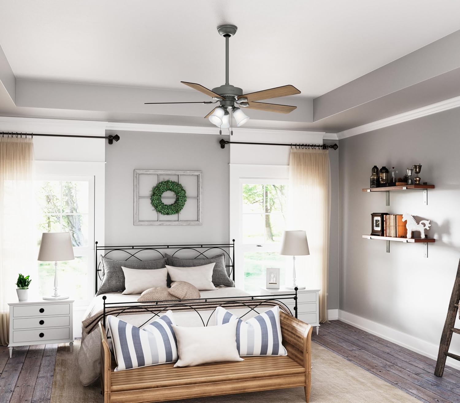 Hunter 52 inch Indoor Ceiling Fan with LED Lights - Ceiling Fan with Pull Chain, For Bedroom, Living Room, or Kitchen, Standard Mount, No Remote, 5 Blades - Swanson 50894, Matte Silver