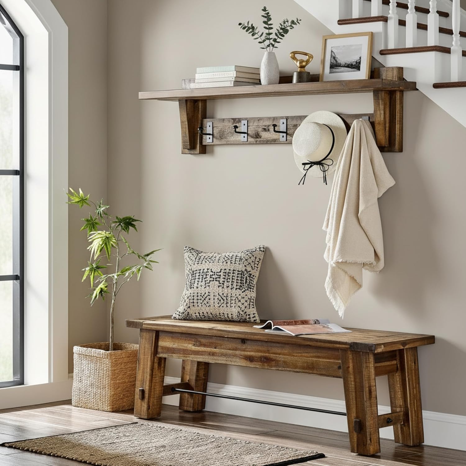 Durango 60-Inch Industrial Wood Coat Hook Shelf and Bench Set, Rustic Farmhouse Entryway Furniture with Metal Accents, 450 lbs Bench Capacity, Includes Cleat System for Easy Hanging