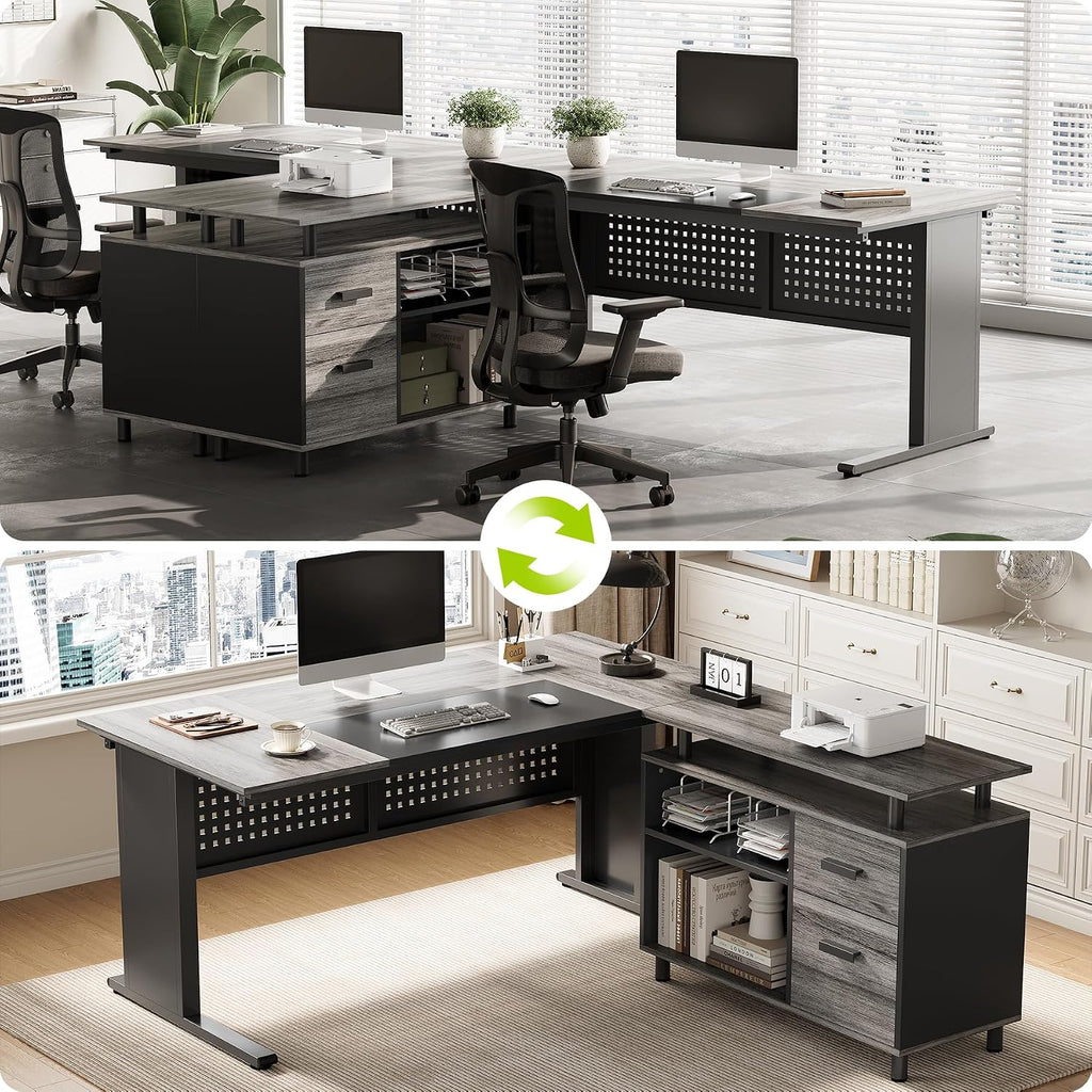 LITTLE TREE Large Computer Desk with File Cabinet, 63 Inch Executive Desk L Shaped Office Desk with Drawers and Storage Shelves, Business Furniture Desk Workstation for Home Office