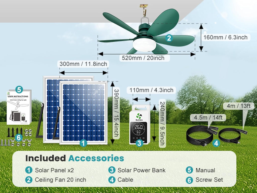 Solar Ceiling Fan Light with Battery and Adjustable Thermostat, 20' Outdoor Ceiling Fans for Gazebo with 2pcs 15W Bifacial Solar Panels, Solar Powered Canopy Fan for Patio, Sunroom, RV(Green)