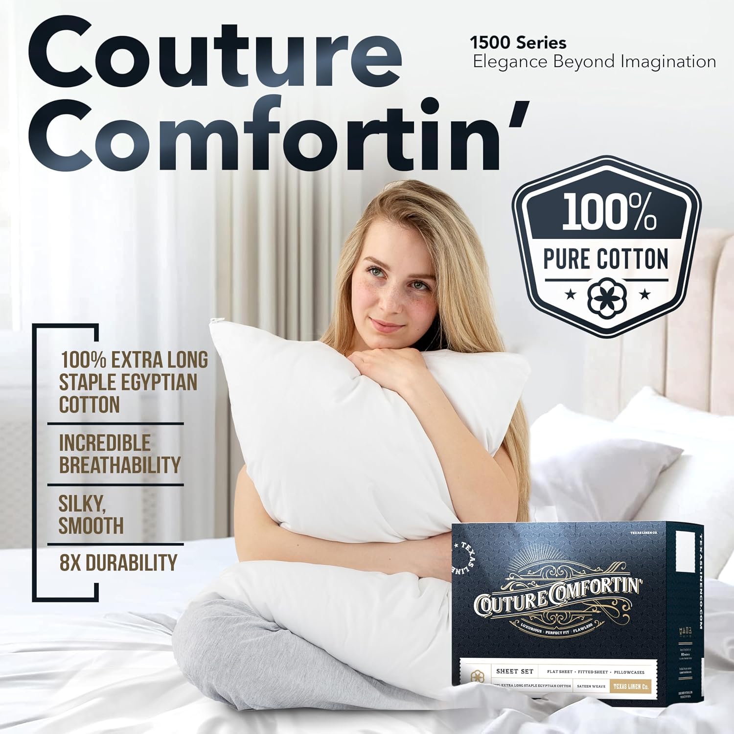 TEXAS LINEN CO. 100% Egyptian Cotton Sheets King Size - 1500 Series High Thread Count King Size Bed Sheets Set (4 PC, White Stripe), 17' Deep Pocket Luxury Bedding - Couture Comfortin' Collection