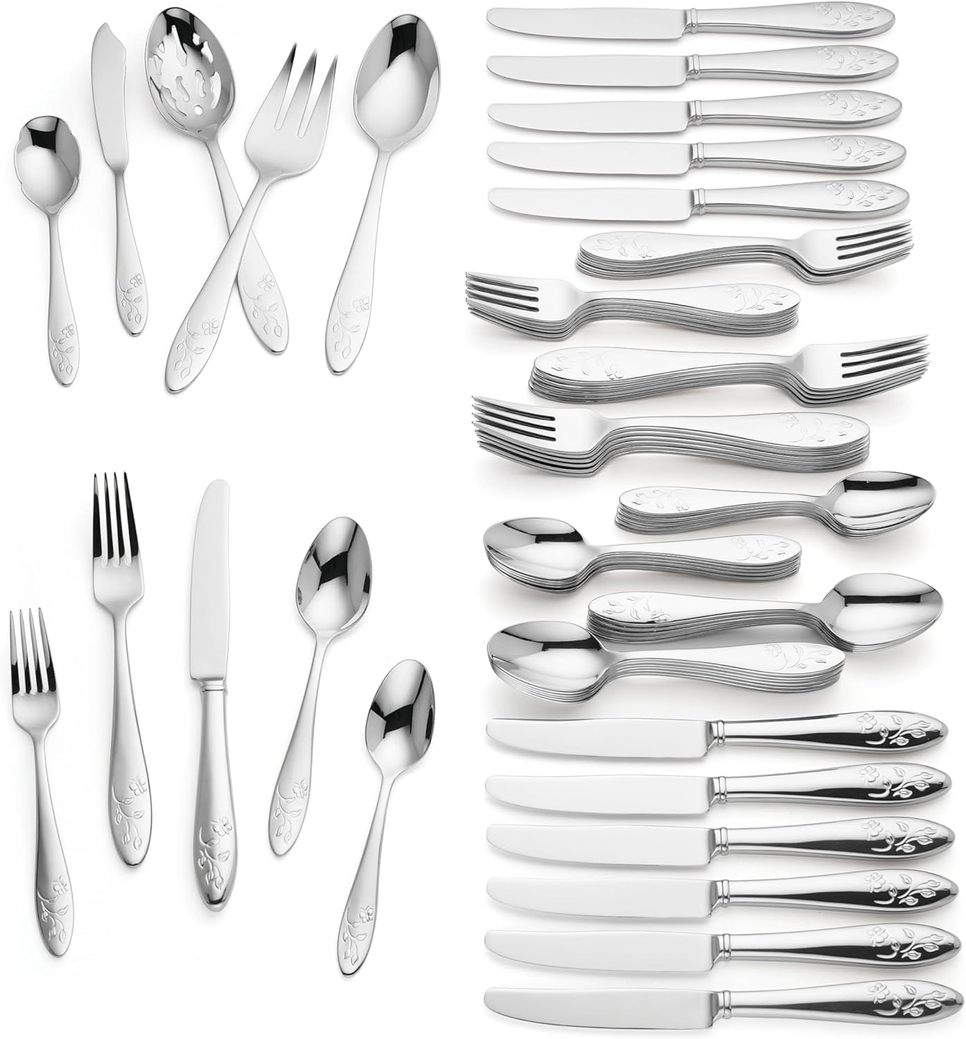 Lenox Silverware Set For 12, Butterfly Meadow 65-Piece Flatware Set, Service For 12, 18/10 Stainless Steel, Dishwasher Safe, Butterfly and Flower Motif, Includes Serving Utensils (Silver, 65 Piece)