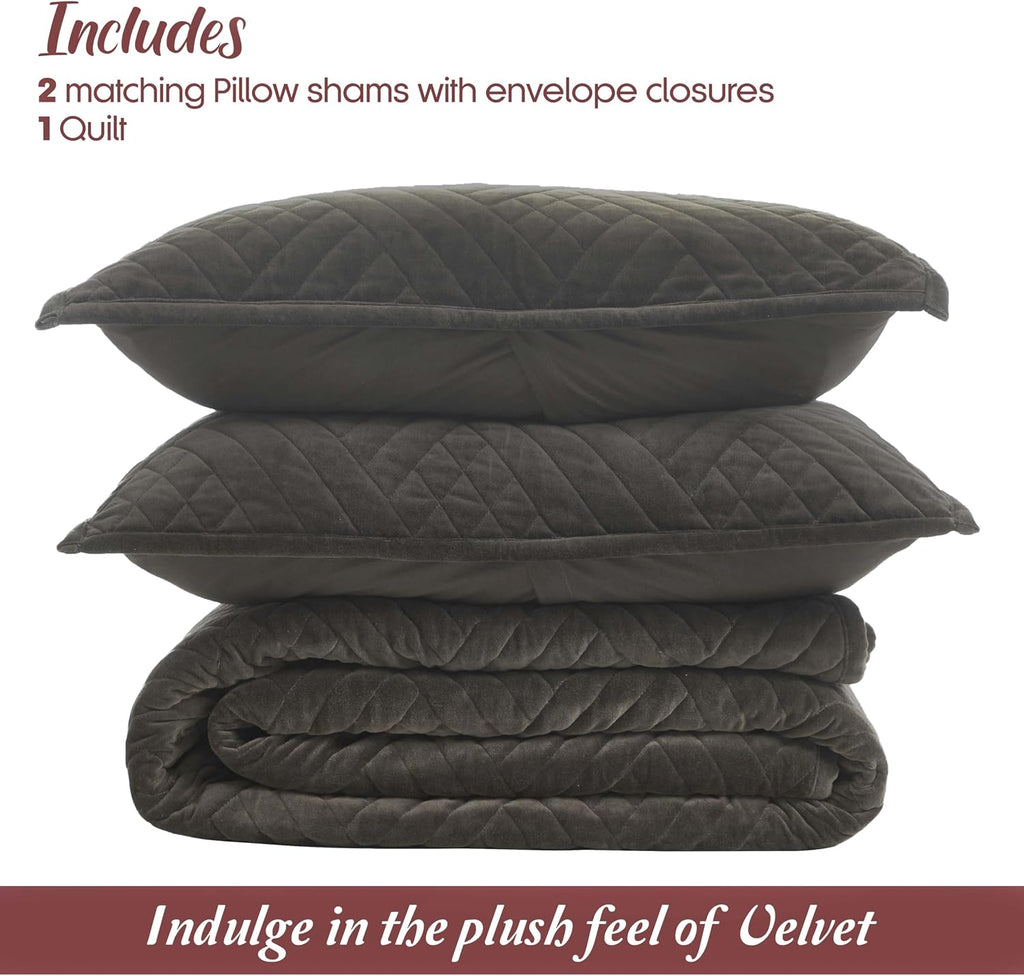 Superior 100% Cotton Velvet 3-Piece Quilt Set, 1 Lightweight Breathable Coverlet, 2 Pillow Shams, Comfy Home Essential Bedding, Cotton Fill, Geometric Aesthetic, Karina Collection, King Size, Grey