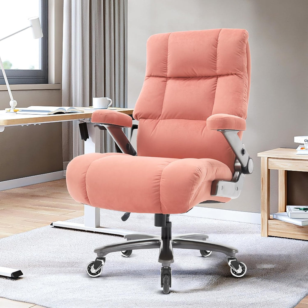 Big and Tall Office Chair 700lbs- Executive Desk Chair with Adjustable Lumbar Support 3D Flip UP Arms- Heavy Duty Quiet Wheels Metal Base Ergonomic Computer Chairs, Pink