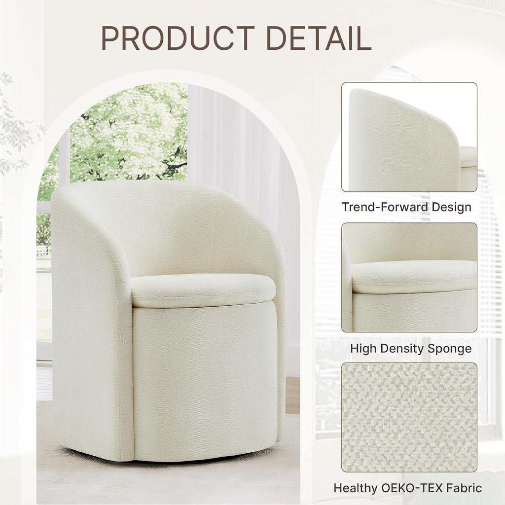 KISLOT Upholstered Dining Chairs with Casters, No Assembly Rolling Modern Dining Room Chairs with Hidden Storage & Barrel Backrest, Accent Chair for Bedroom, Living Room, Dressing, Linen, Set of 1