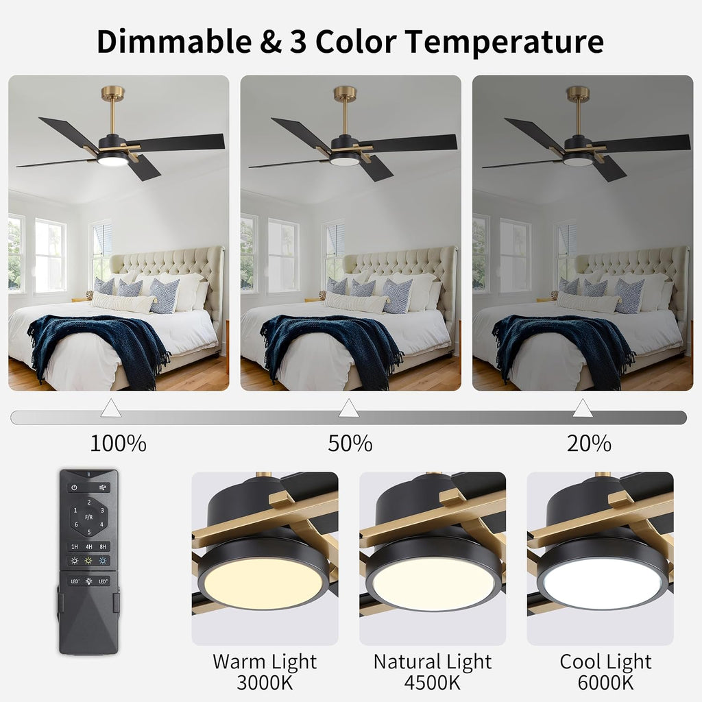 WINGBO 54 Inch Ceiling Fan with Light and Remote, 4 Plywood Blades, 6-Speed Reversible DC Motor, Dimmable, 3CCT, Farmhouse Ceiling Fan for Bedroom Living Room Kitchen, Brass and Black
