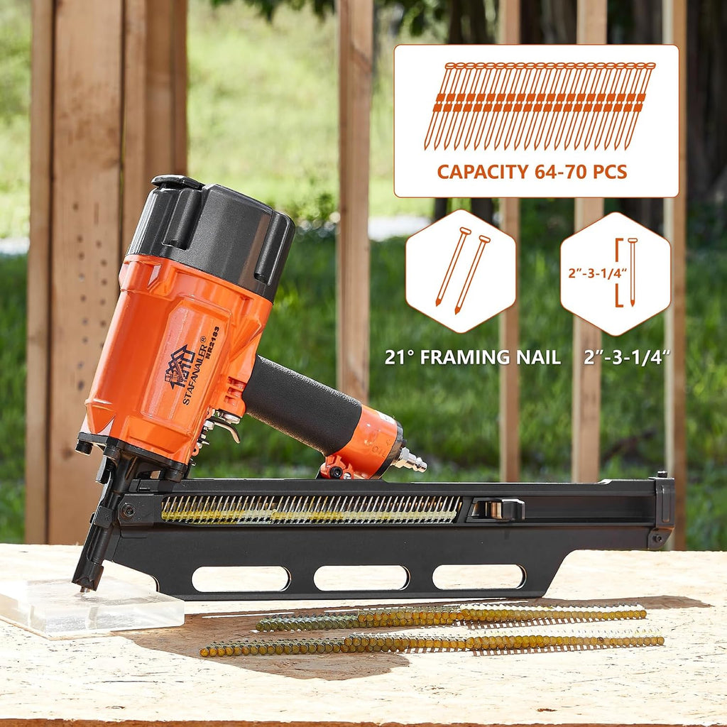 NR2183 High Speed Framing Nailer with Aluminum Magazine, 21 Degree Pneumatic Framing nail gun, 2-Inch up to 3-1/4-Inch Collated Full Head Framing Nails, Framing, Wooden House Building
