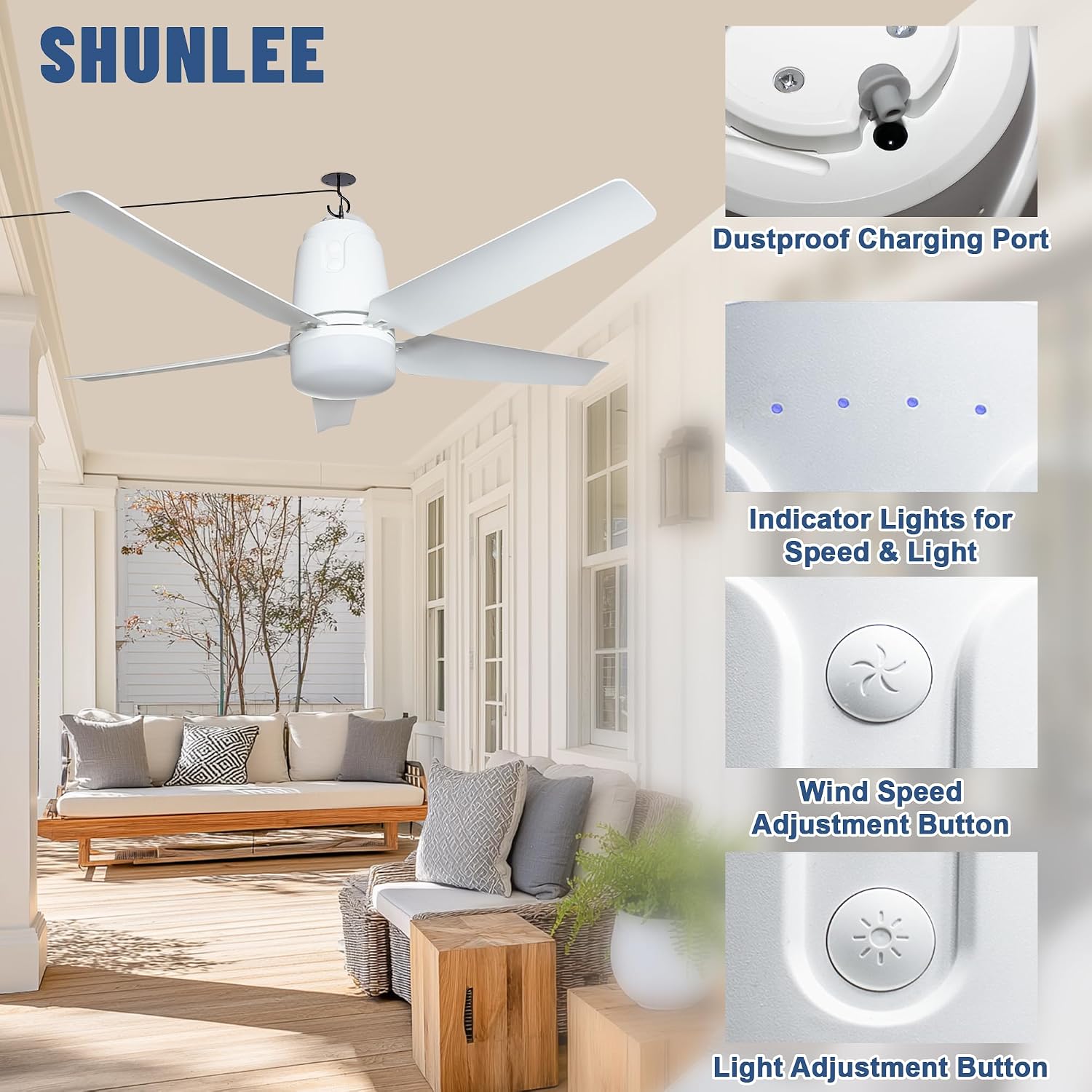 SHUNLEE Solar Outdoor Ceiling Fan Light 31.5'', 60W Solar Powered Portable Gazebo Fan With Remote and Hook, 3000K-6000K LED, 40000mAh Large Hanging Canopy Fan (31.5 inch)