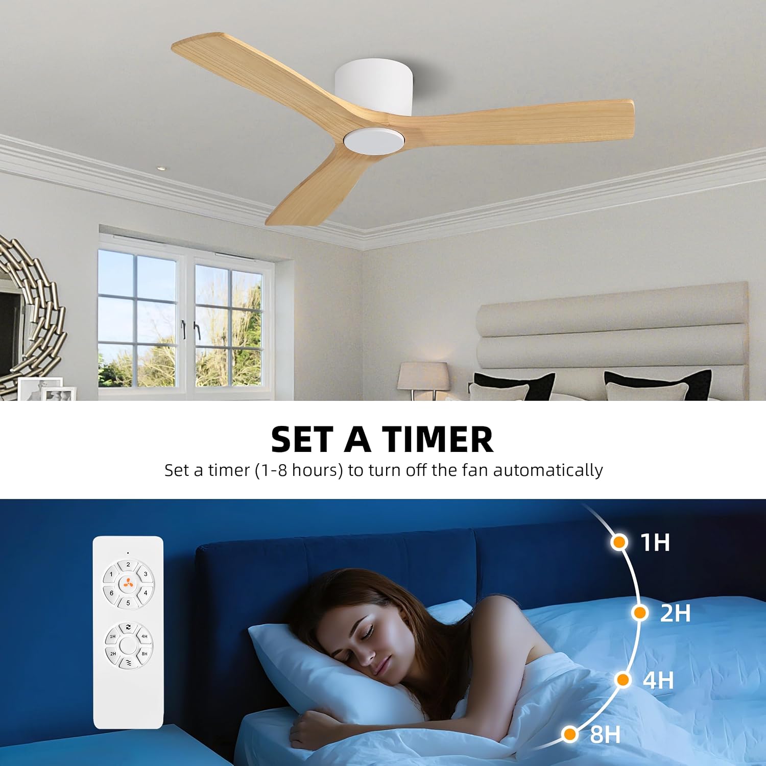 WINGBO 48 Inch Flush Mount DC Ceiling Fan without Lights, 3 Carved Wood Blades, 6-Speed Noiseless Reversible DC Motor, Hugger Ceiling Fan No Lights in White Finish with Oak Blades, ETL Listed