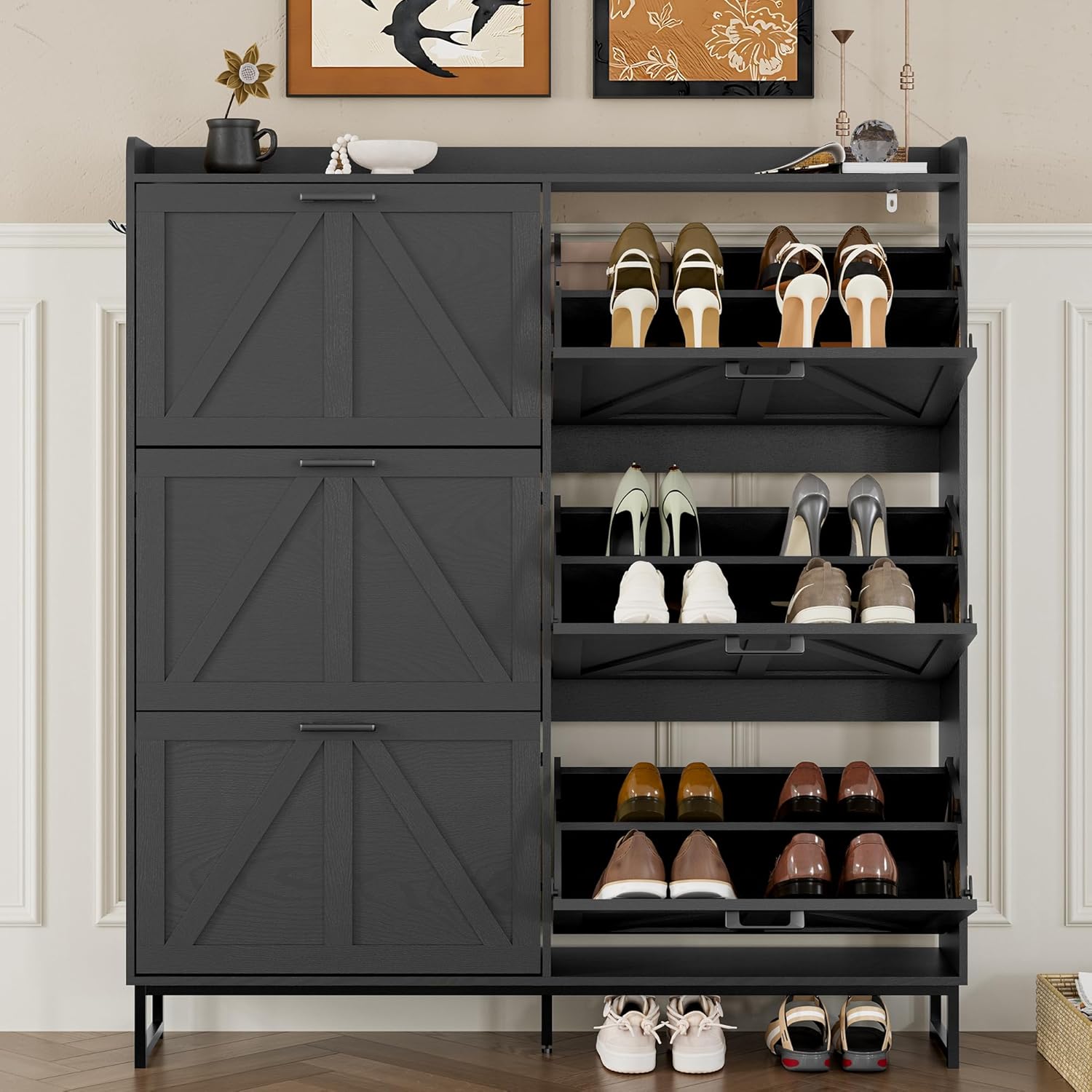 BORNOON Shoe Cabinet with 6 Flip Drawers Narrow Shoe Storage Cabinet Organizer Wooden Freestanding Shoe Rack Hidden Slim Shoes Storage Cabinet for Entryway, Hallway, Living Room, Bedroom