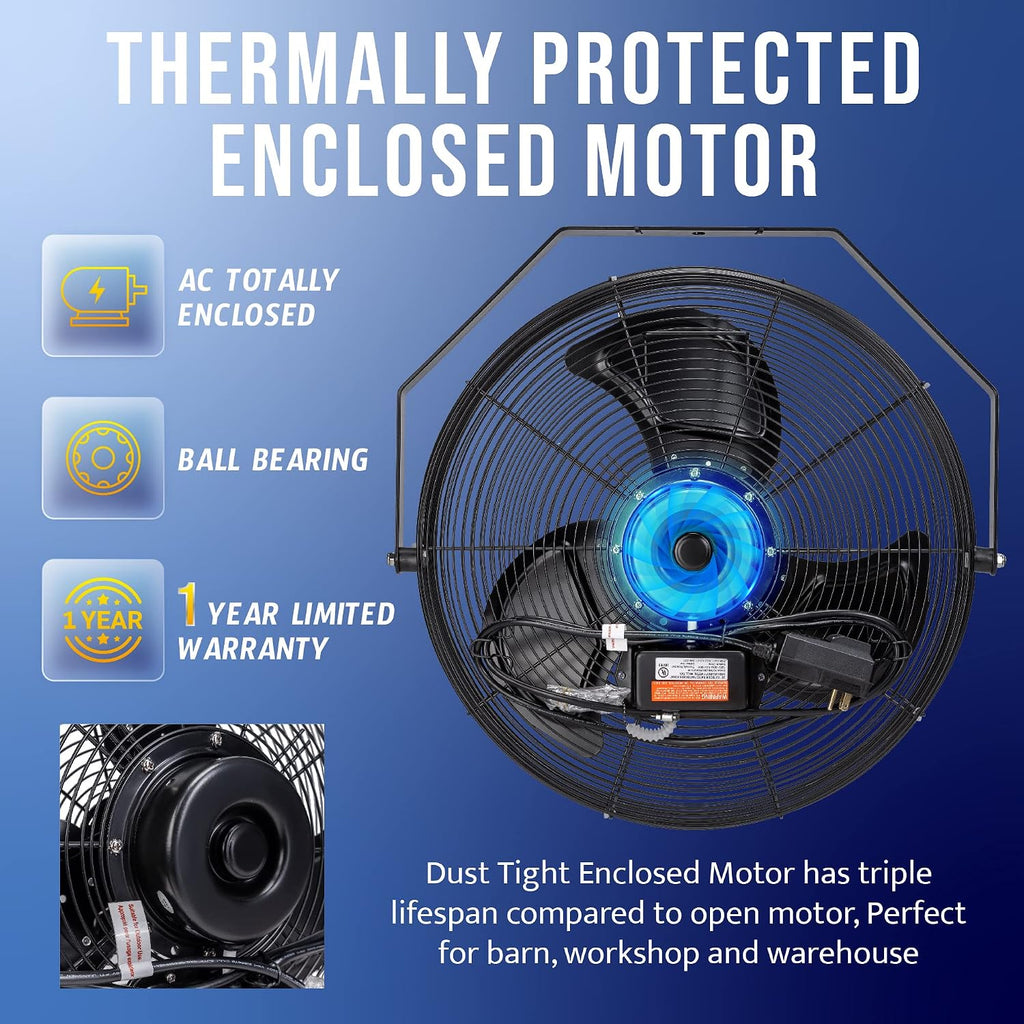 Tornado 20 Inch Outdoor Rated IPX4 Water-Resistant High Velocity Fan Industrial Workstation Wall Mount Fan For Commercial, Industrial, Residential, Greenhouse Use 3 Speed 4750 CFM UL Safety Listed