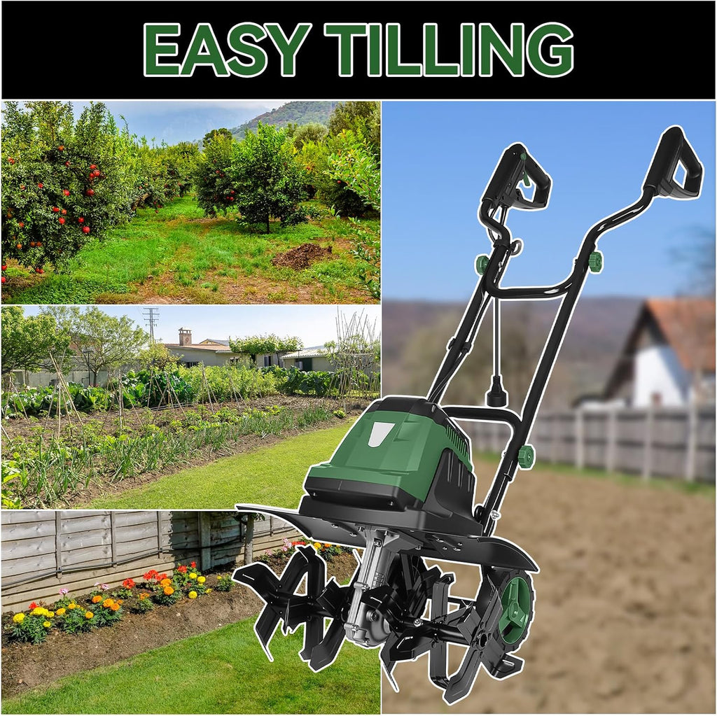18 Inch Electric Tiller Cultivator, 15 Amp Corded Tiller with Foldable Handle, 6 Steel Tines with Wheels for Lawn, Garden and Field Soil Cultivation