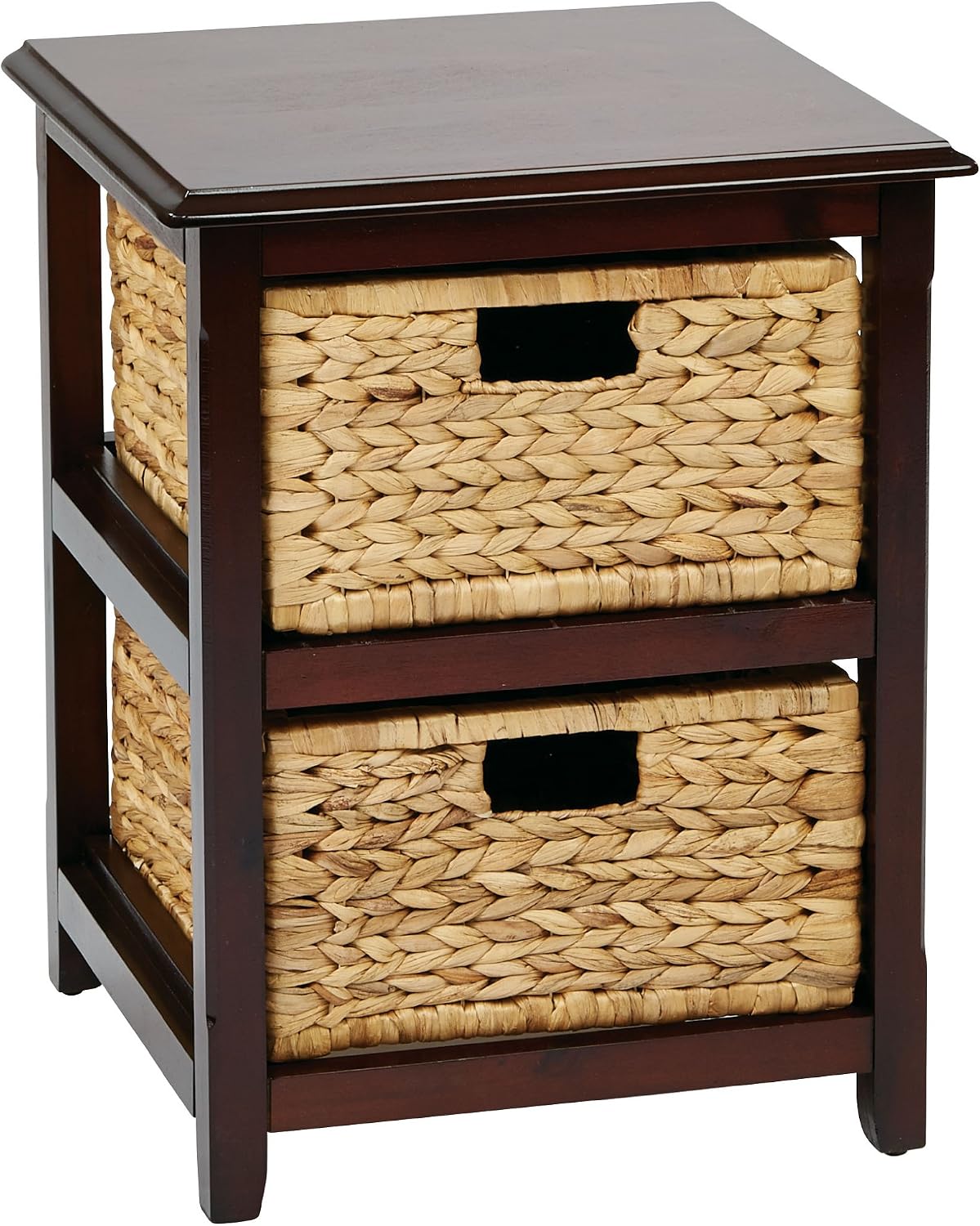 OSP Home Furnishings Seabrook Storage Tower with Solid Wood Frame and Natural Baskets, 2-Drawer, Espresso Finish