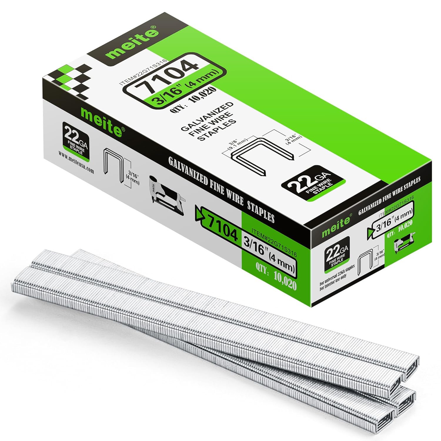 meite 71/04 22 Gauge 71 Series 3/8-Inch (9.1 mm) Crown 3/16-Inch (4 mm) Leg Length Galvanized Upholstery Staples for MT7105 Stapler, 10,020 Counts/Box (1 Case - 20 Boxes)