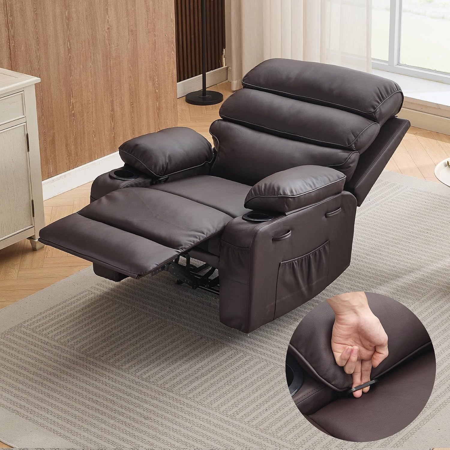 Garvee PU Leather Manual Recliner Chair with Massage and Heat, 27' Extra Wide Seat, 400 lbs Capacity, Thickened Sponge Armrests and Back, Cup Holders & Side Pocket, Living Room or Bedroom, Dark Brown