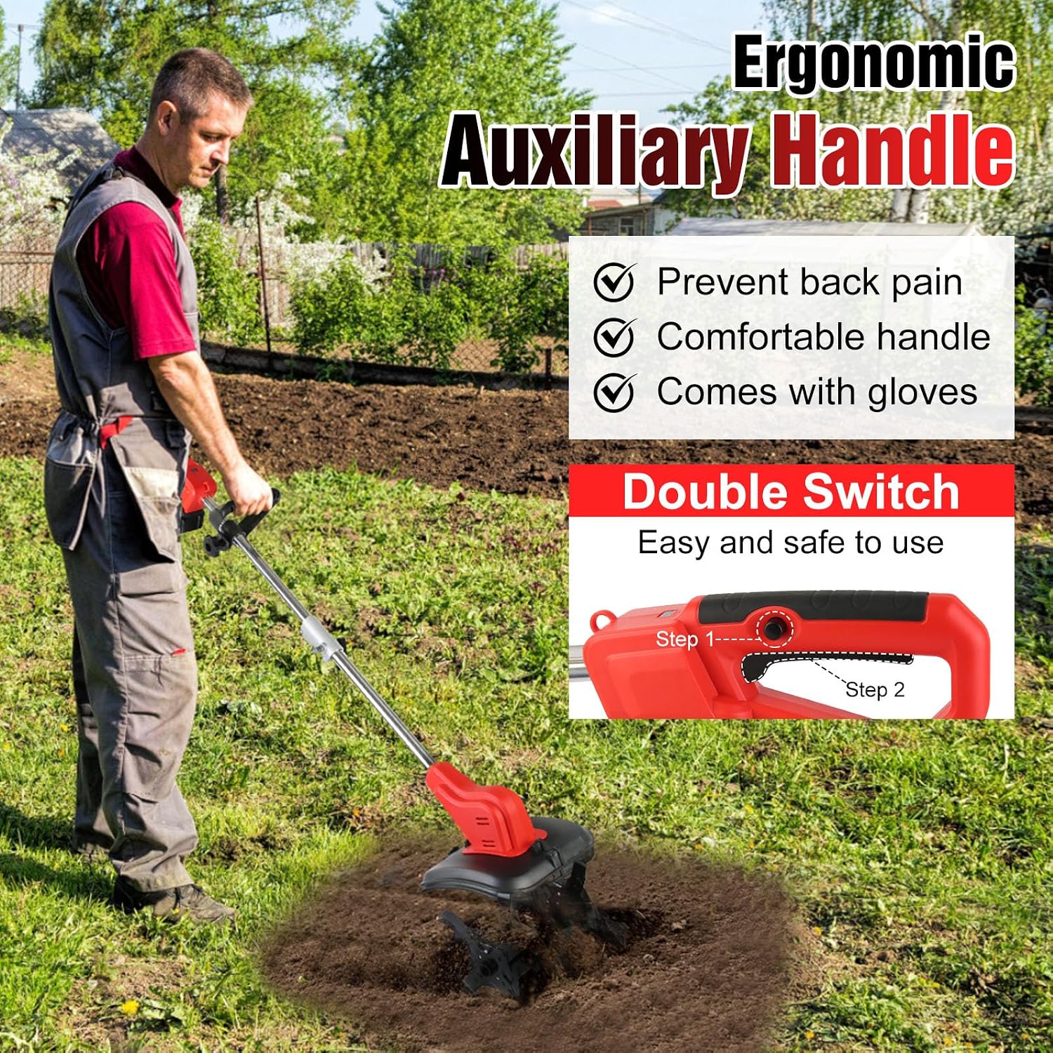 21V Cordless Tiller Cultivator, 300 RPM Electric Garden Rototiller with 4.0Ah Batteries & Charger, 9In Tilling Width and 9In Depth Garden Tiller with 16 Steel Tines for Yard, Soil Digging