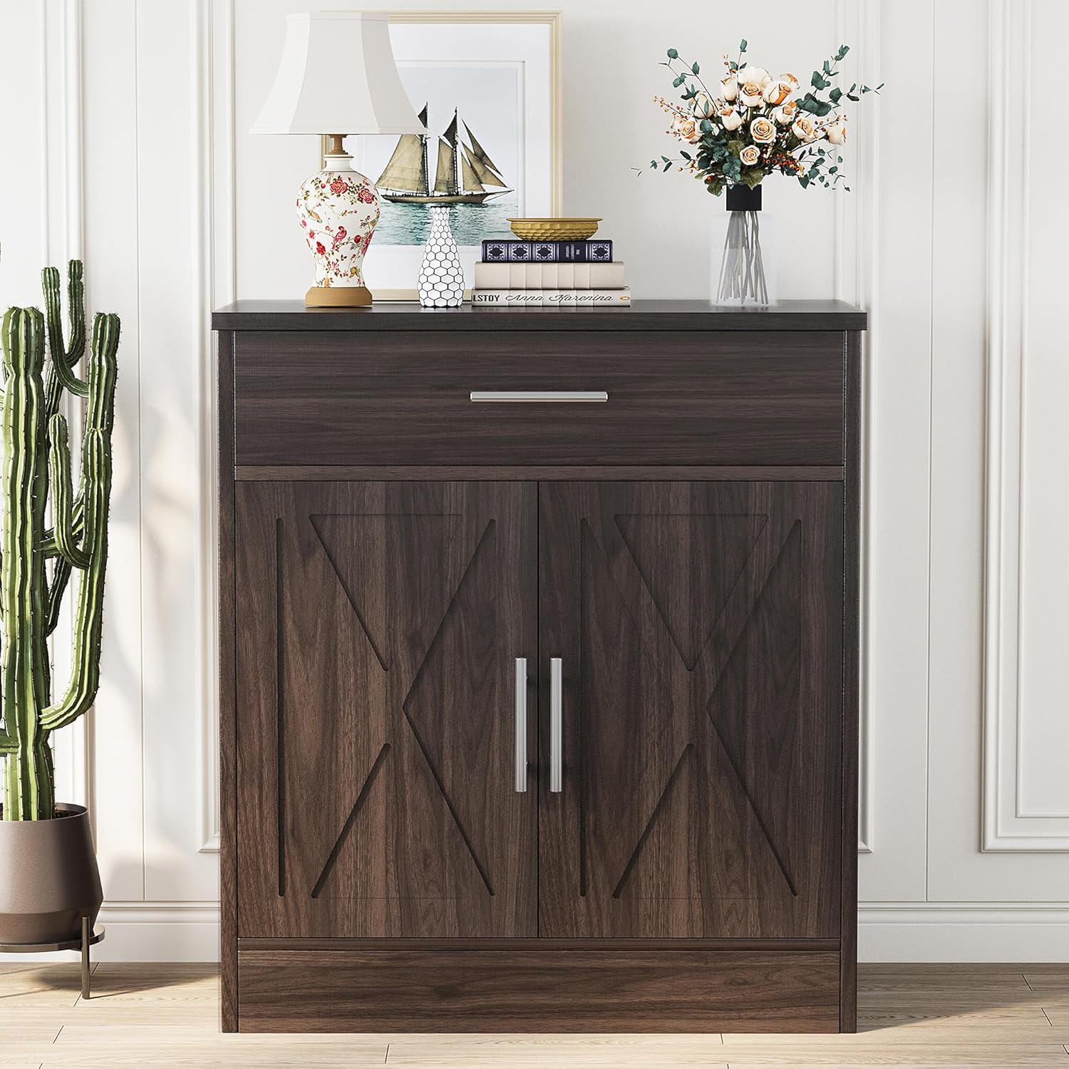 Shintenchi Farmhouse Storage Cabinets with Doors and Shelves,Kitchen Barn Door Storage Cabinet with Drawers,Coffee Bar Cabinet Buffest Sideboard for Dining Living Room,Bathroom,Entryway,Dark Brown