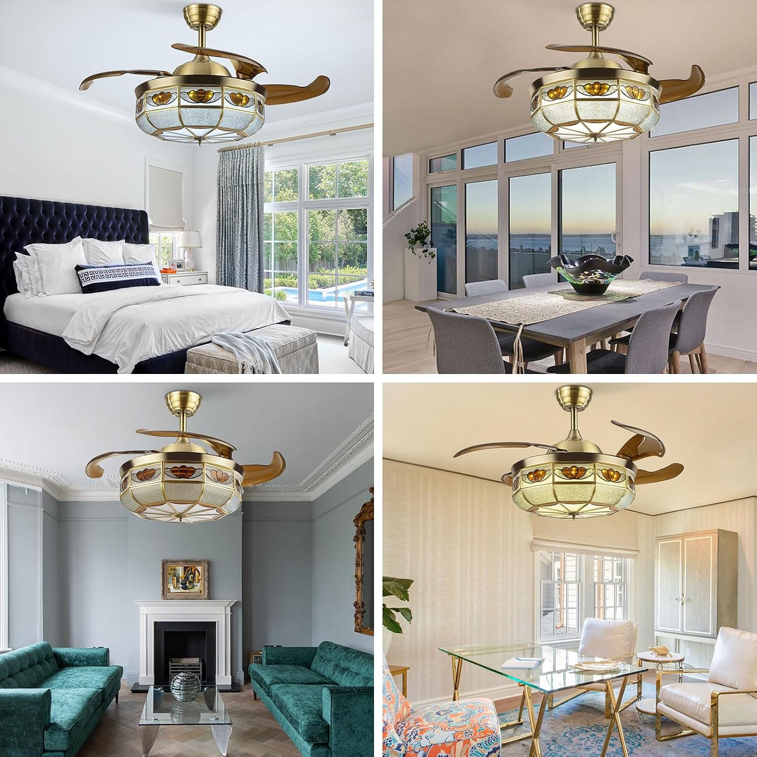 36' Vintage Retractable Ceiling Fan Light, Chandelier Fan with controller 3-Color Lighting 6-Speed Copper Glass Lampshade & Reverse Function for Bedroom Living Room (Bronze)