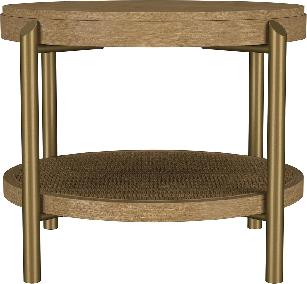 Coaster Home Furnishings - Arini - Wood and Metal - Round End Table with Dual-Tier Design, Woven Rattan Shelf and Aged Brass Legs - Living Room - 26-Inch - Sand Wash - 706187