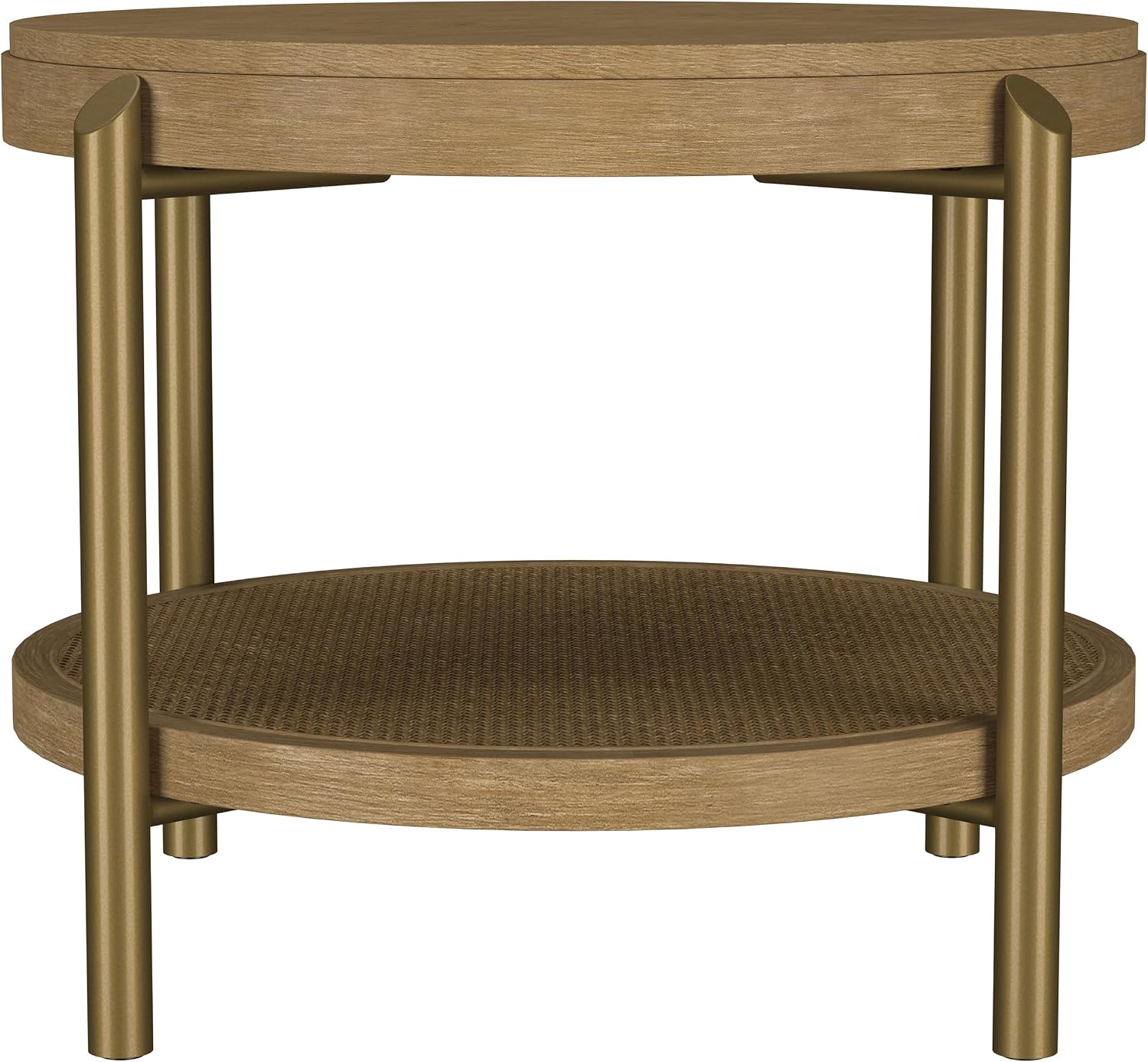 Coaster Home Furnishings - Arini - Wood and Metal - Round End Table with Dual-Tier Design, Woven Rattan Shelf and Aged Brass Legs - Living Room - 26-Inch - Sand Wash - 706187