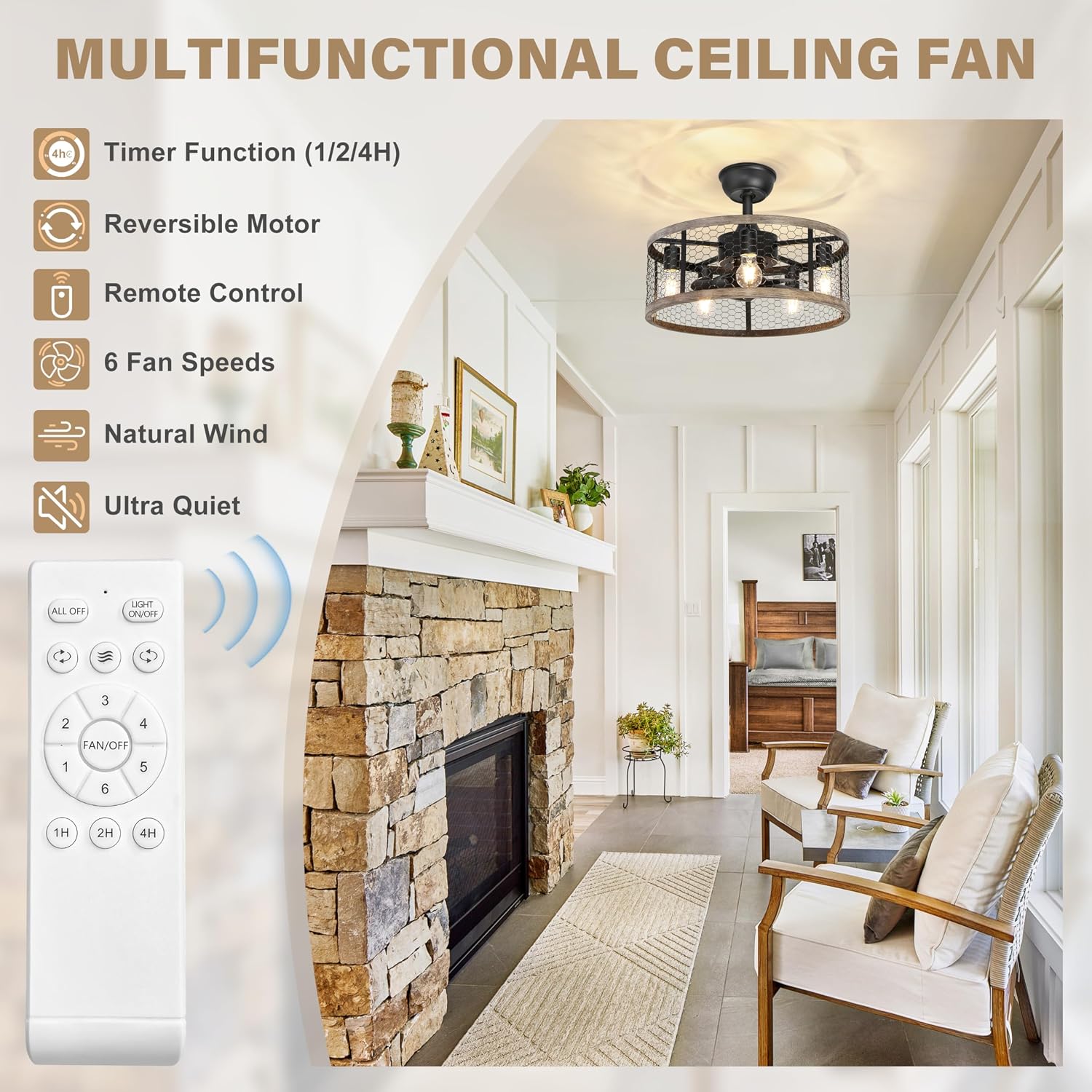 Ohniyou 20'' Caged Rustic Farmhouse Ceiling Fan with Lights Remote Control, Reversible Motor, 6 Speeds Ceiling Fan Light Fixture for Dining Room Bedroom