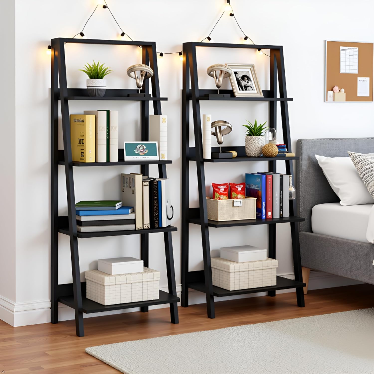 Lavish Home 4-Tier Ladder Shelf – Set of 2 Modern Freestanding Bookcases with Leaning Design for Storage & Display in Living Room, Bathroom, Kitchen or Home Office (Black)