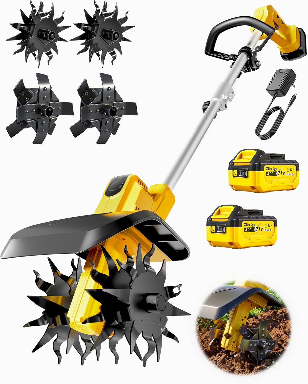 Cordless Tiller Cultivator/ Trencher 2-IN-1, Electric Mini Tiller Lawn Edger w/ 2*4.0Ah Battery, 9' Width, 6' Depth, 48 Steel Tines Rototiller for Garden, Soil, Weeding, Compatible with Dewalt Battery